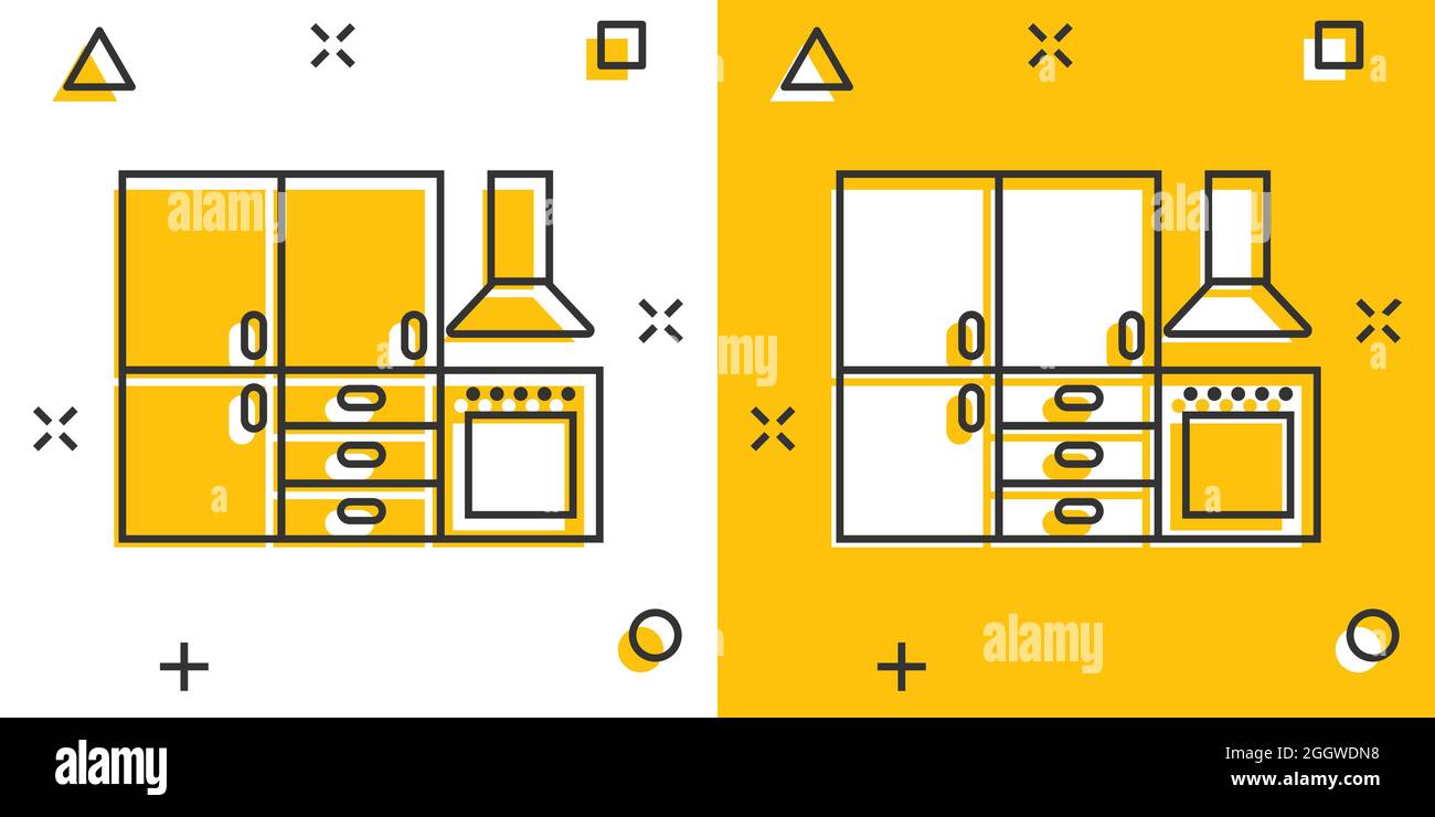 Kitchen furniture icon in comic style. Cuisine cartoon vector ...