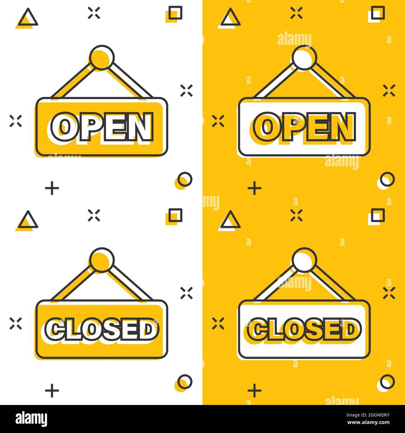 Open, closed sign icon in comic style. Accessibility cartoon vector illustration on white isolated background. Message splash effect business concept. Stock Vector