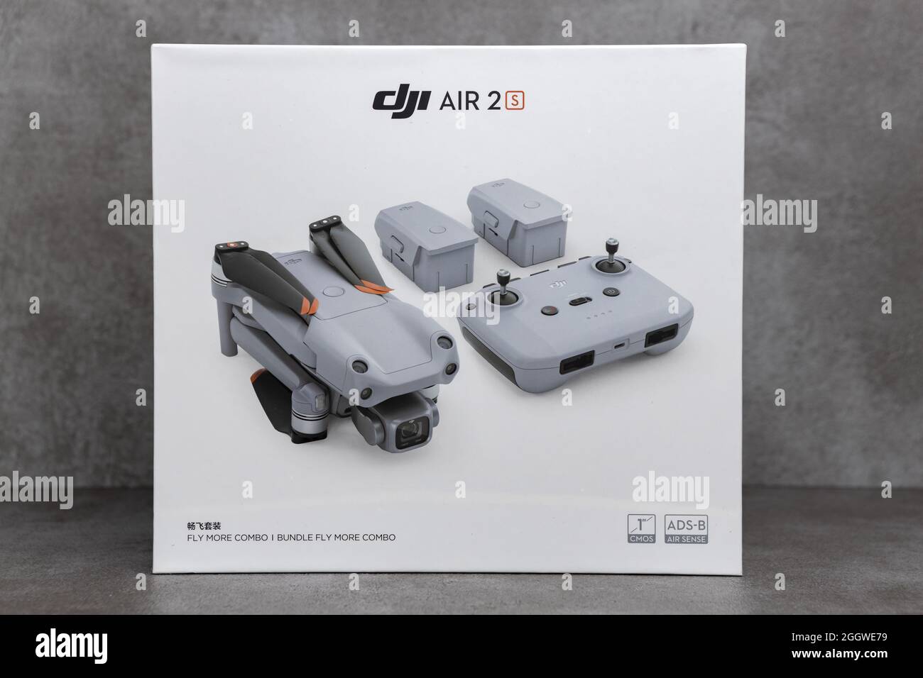 ZUTPHEN, NETHERLANDS - Aug 06, 2021: RPS product still life of DJI fly more  combo package box portable quadcopter Air 2S drone on stylish contemporary  Stock Photo - Alamy