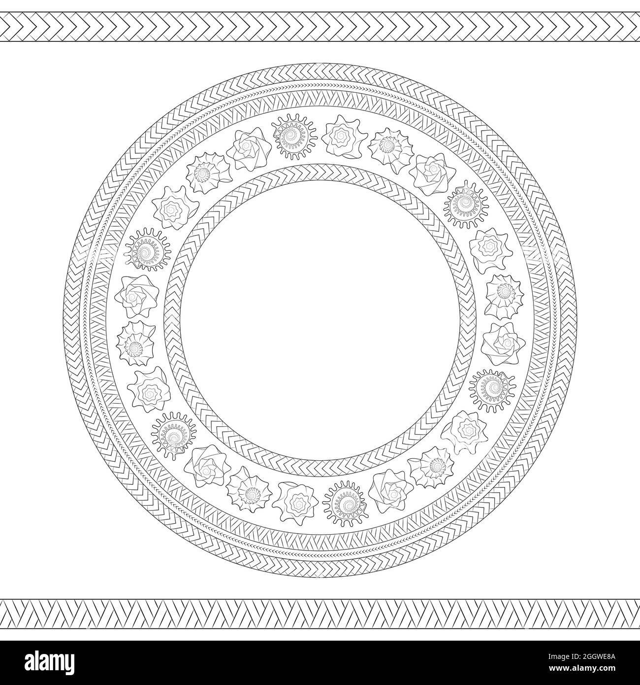 Seamless pattern with shells and Polynesian patterns. Vector black and white round illustration. Stock Vector