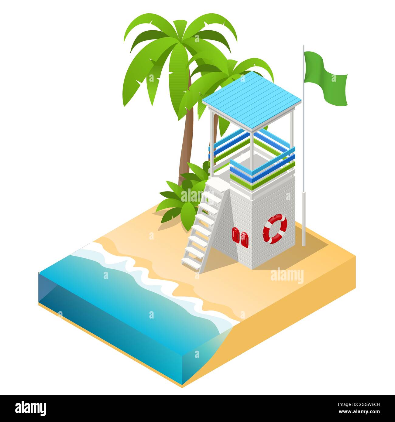 Isometric Watchtower on a Sandy Beach. Lifeguard on the beach. Safety while swimming. Stock Vector
