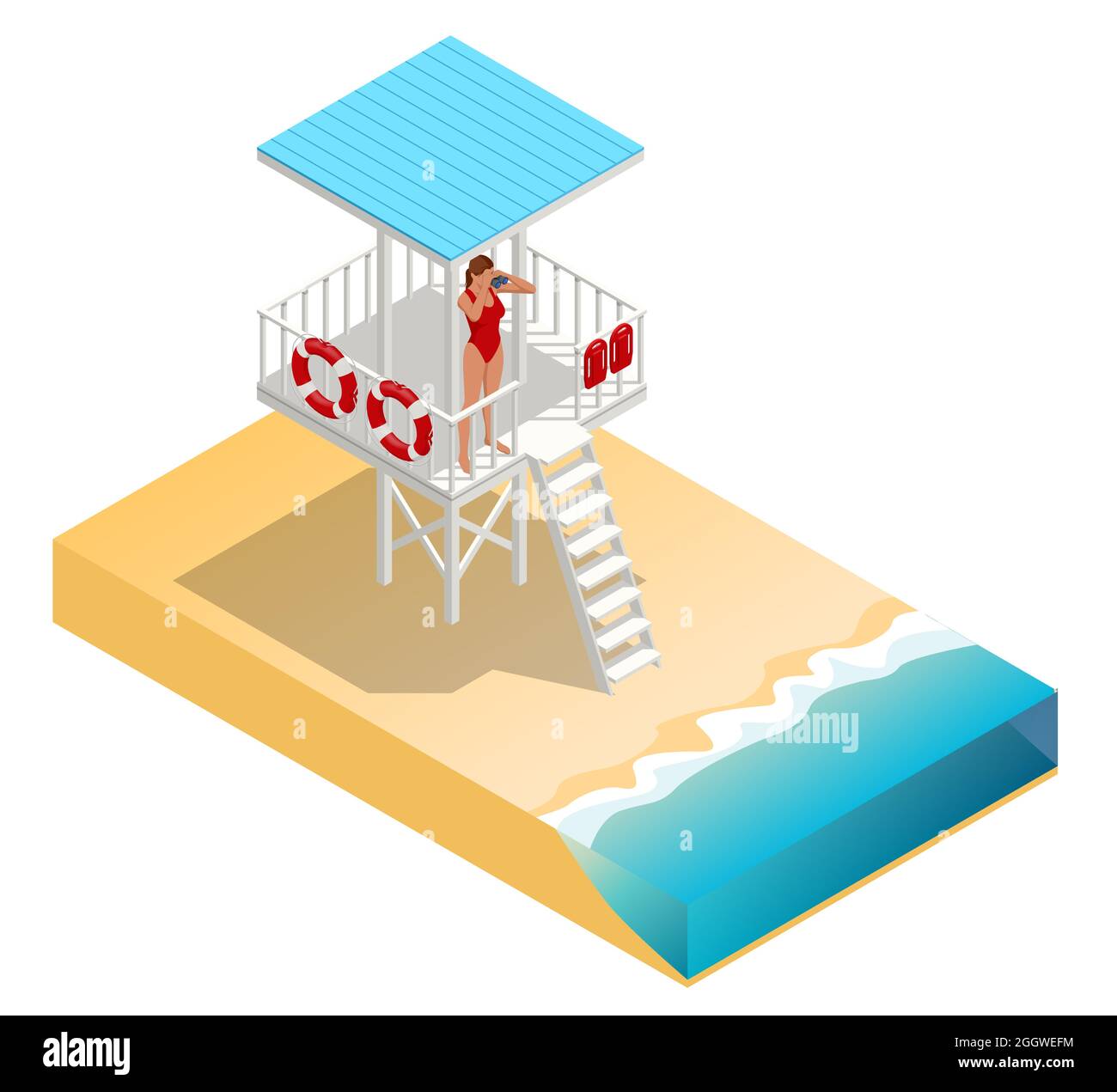 Isometric Watchtower on a Sandy Beach. Lifeguard on the beach. Safety while swimming. Stock Vector