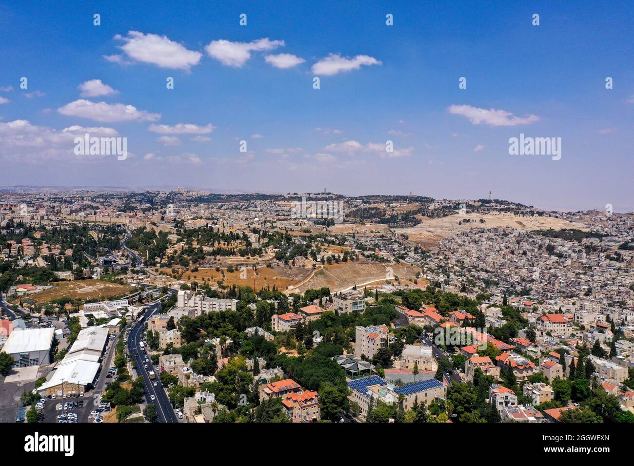 Jerusalem, aerial panorama showing West and East parts, with the Dome of the rock in the center Stock Photo