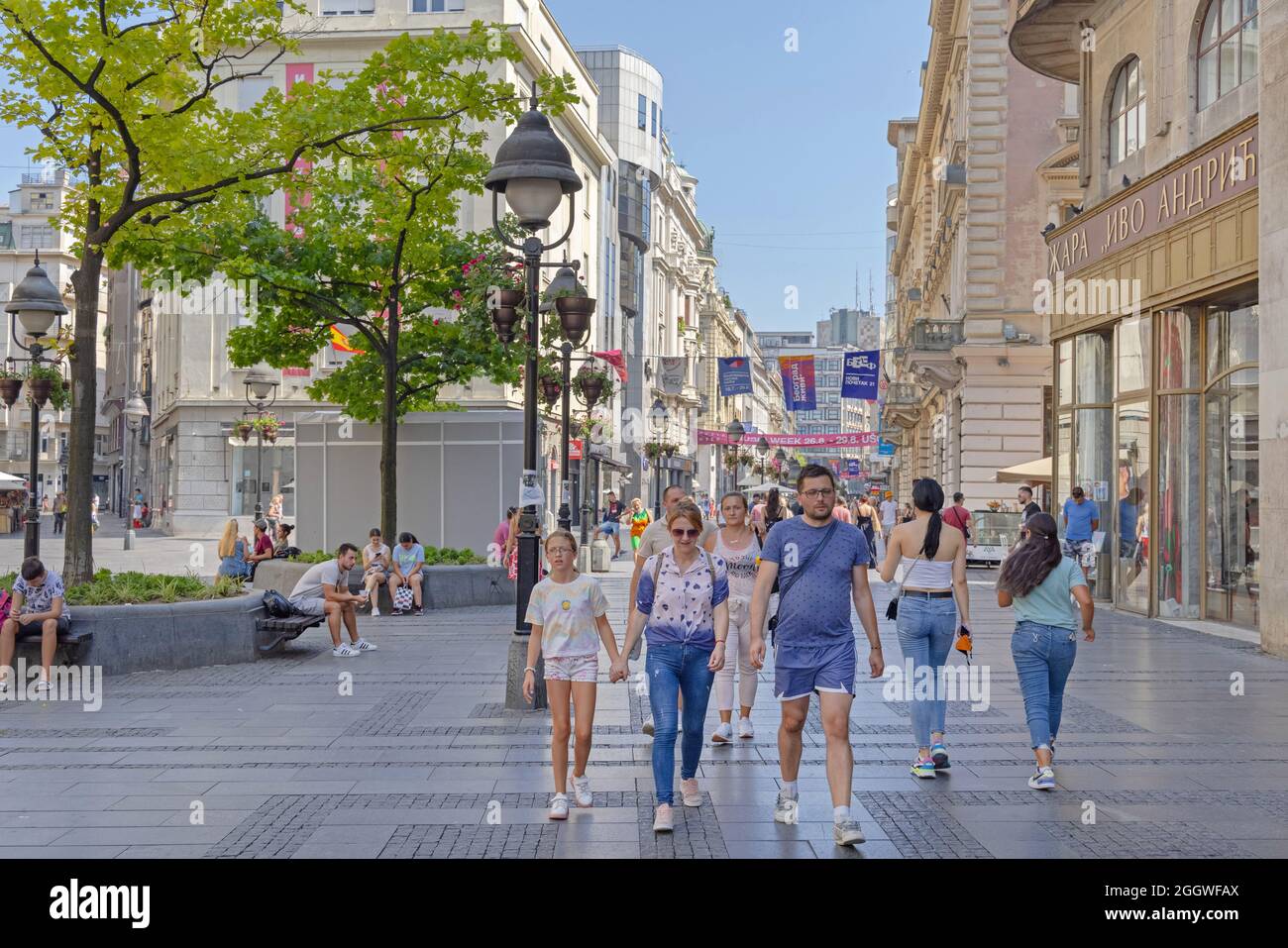 Belgrade, Serbia - August 08, 2021: Crowd of Tourists Walking at Knez Mihailova Street Pedestrian and Shopping Zone City Centre. Stock Photo