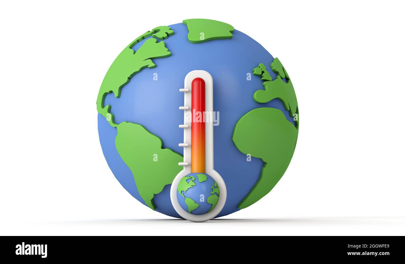 Planet earth global warming concept. Thermometer with earth model. 3D Render Stock Photo