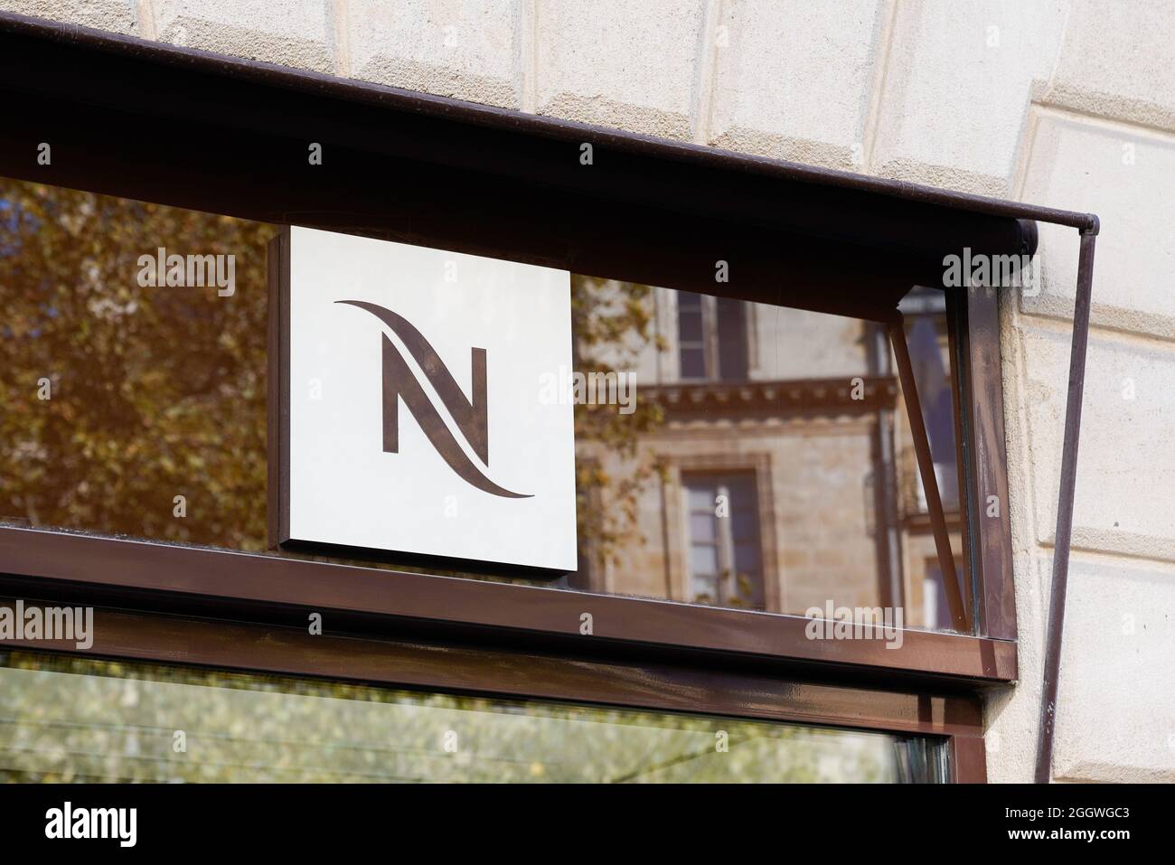 Bordeaux , Aquitaine  France - 12 25 2020 : Nespresso logo sign brand of coffee machines front of shop on store capsules and accessories Stock Photo