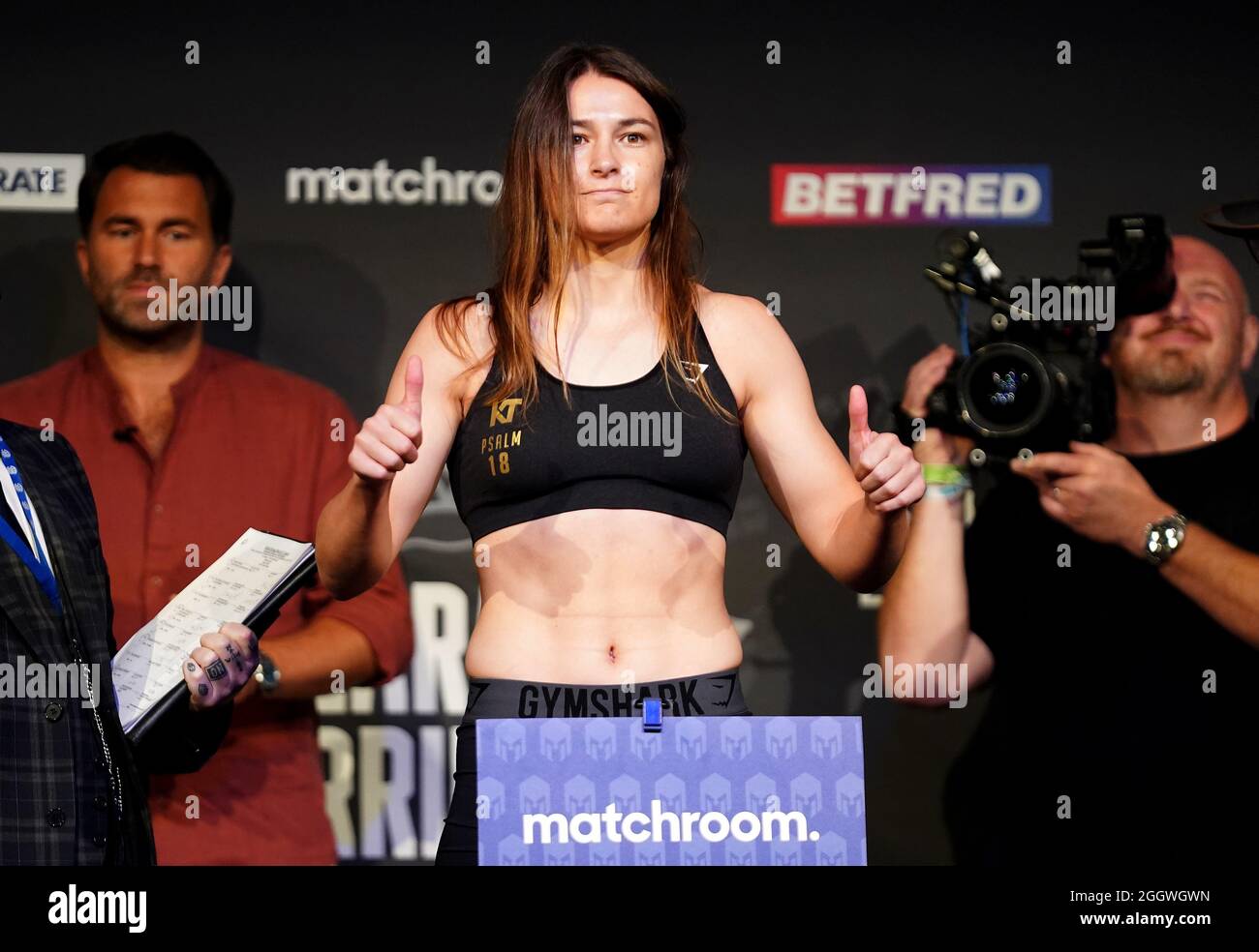 Katie Taylor during the weigh-in at the New Dock Hall, Leeds. Picture