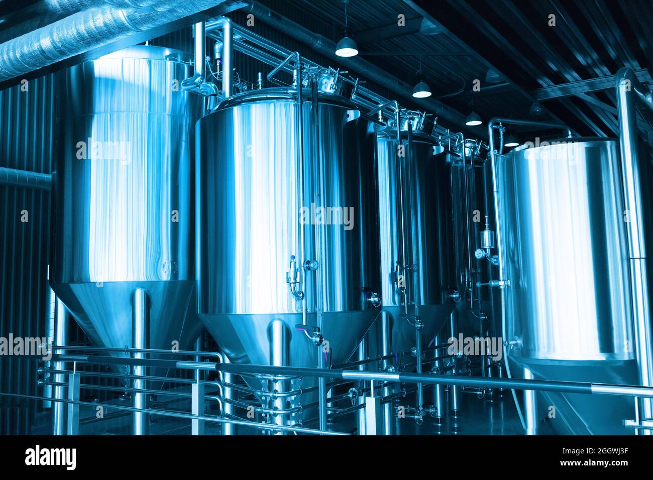 Shiny metal micro breweries at Craft brewery. Small business concept. Stock Photo