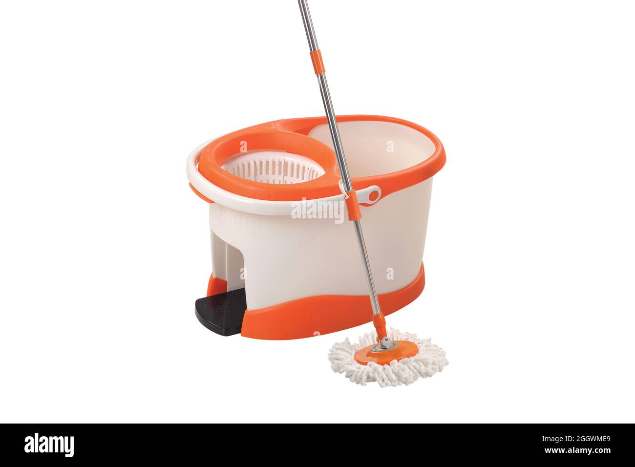 Bucket, cleaning products and mop on floor in white background Stock