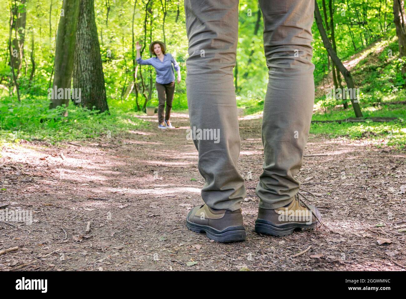 Woman asking for help on the trail. Travel time Stock Photo