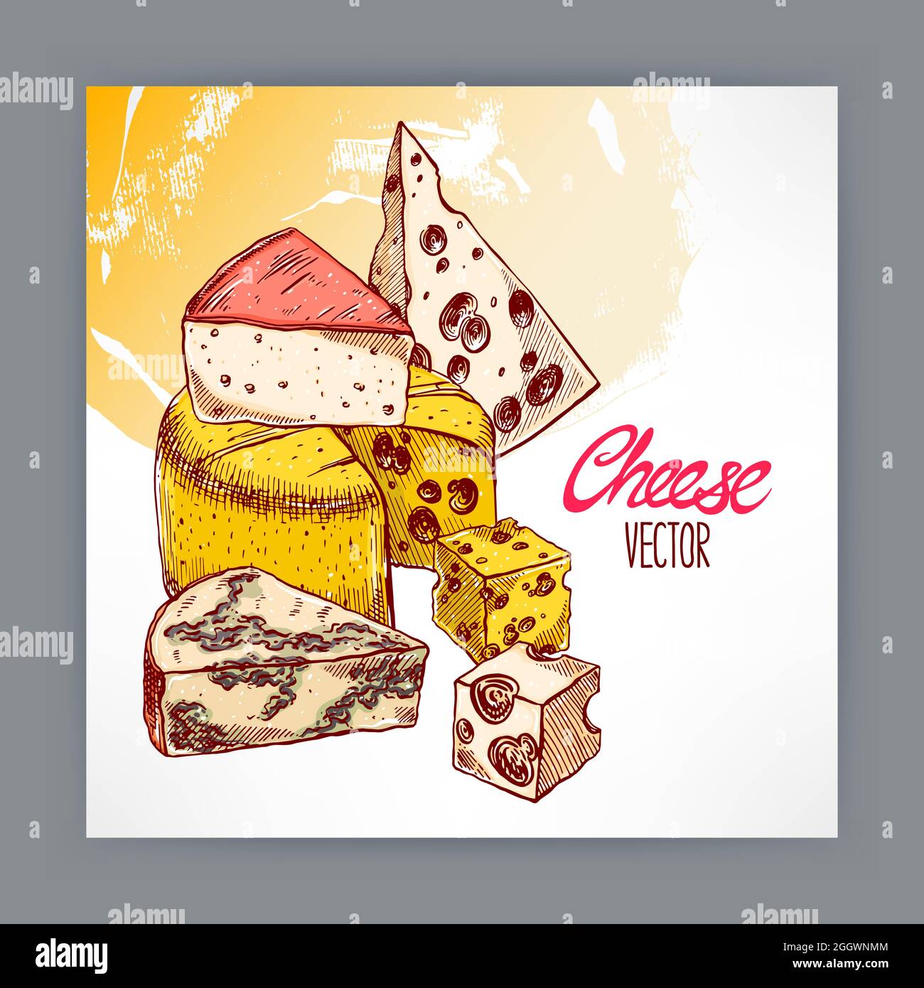 background with various appetizing cheeses. hand-drawn illustration Stock Vector