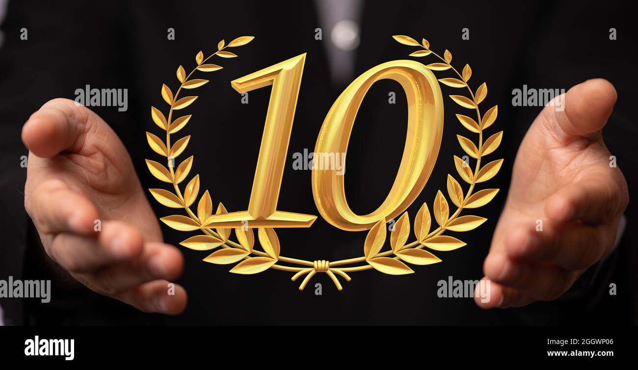 Person presenting a 3D render of tenyears anniversary symbol Stock