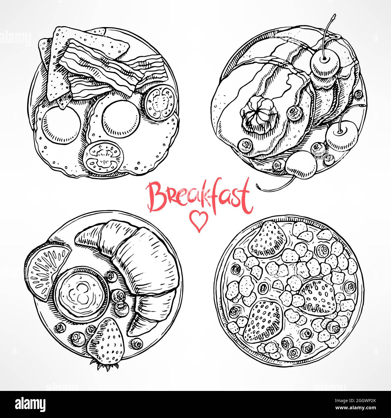 set with four different types of breakfast. handdrawn illustration