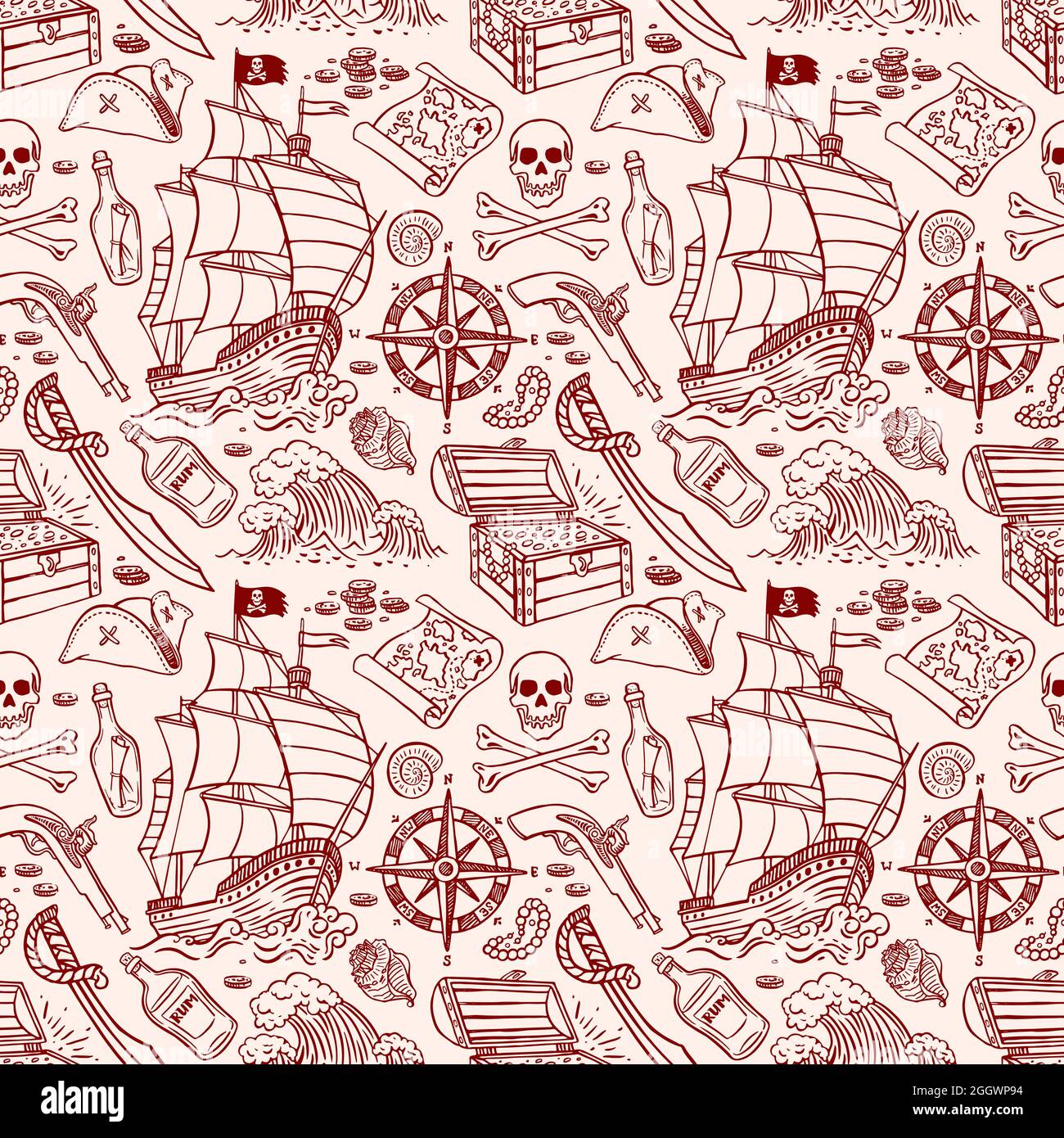 cute seamless pattern of a pirate ship and attributes. hand-drawn ...