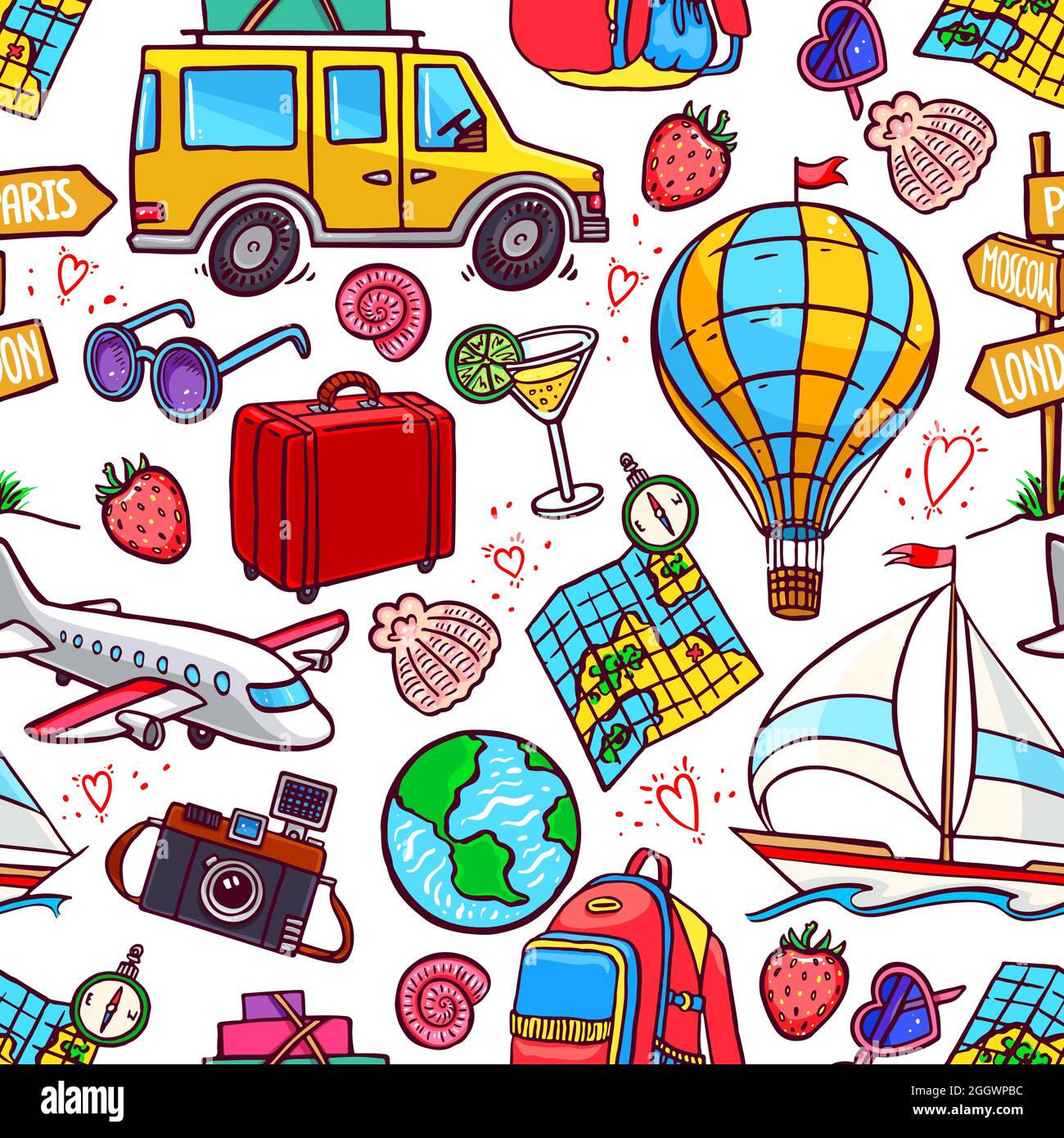 seamless background of colorful travel icons. airplane, car, ship. hand-drawn illustration Stock Vector
