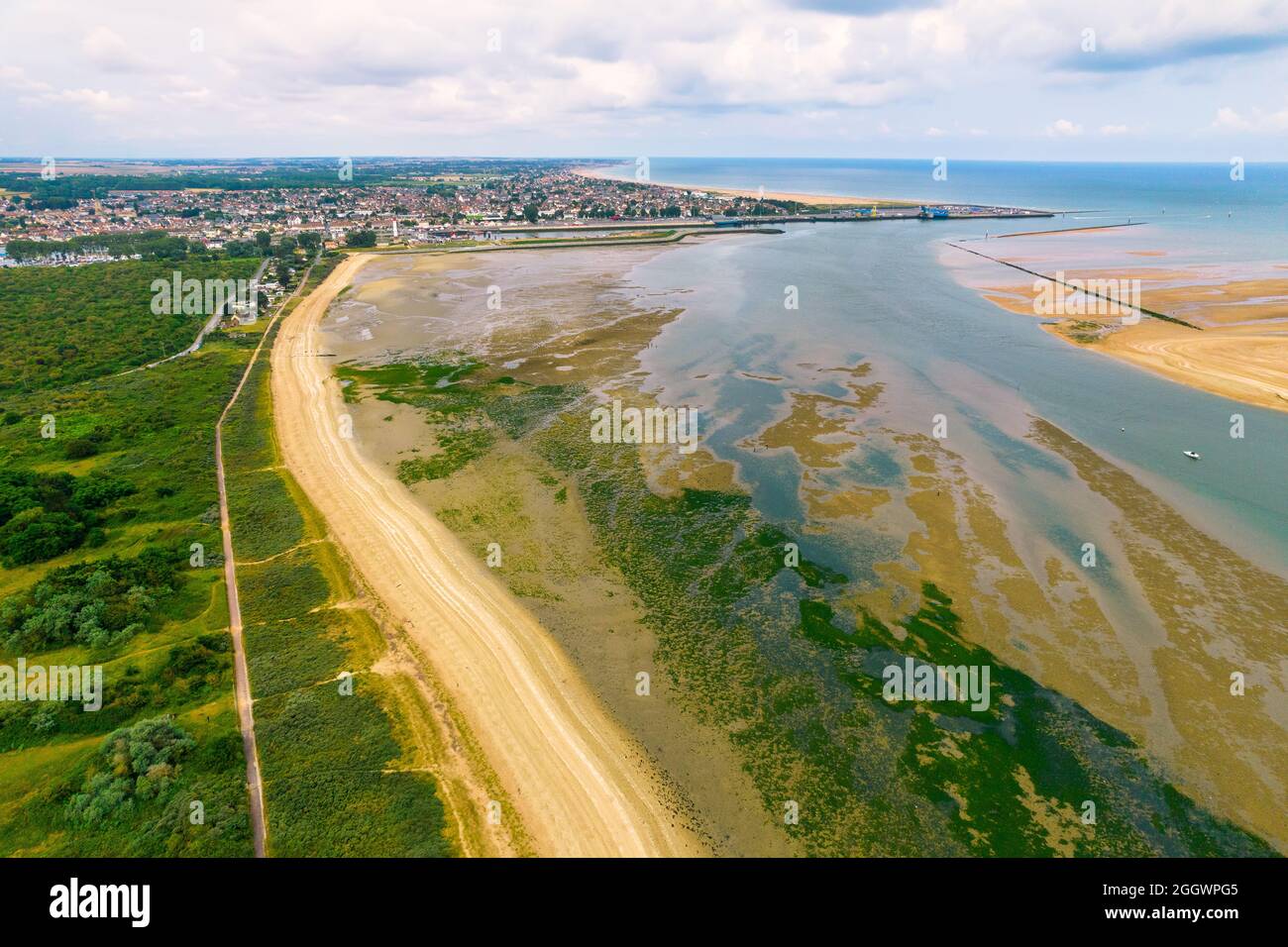 Aerial overview of siege point and Ouistreham port and city, Normandy ...