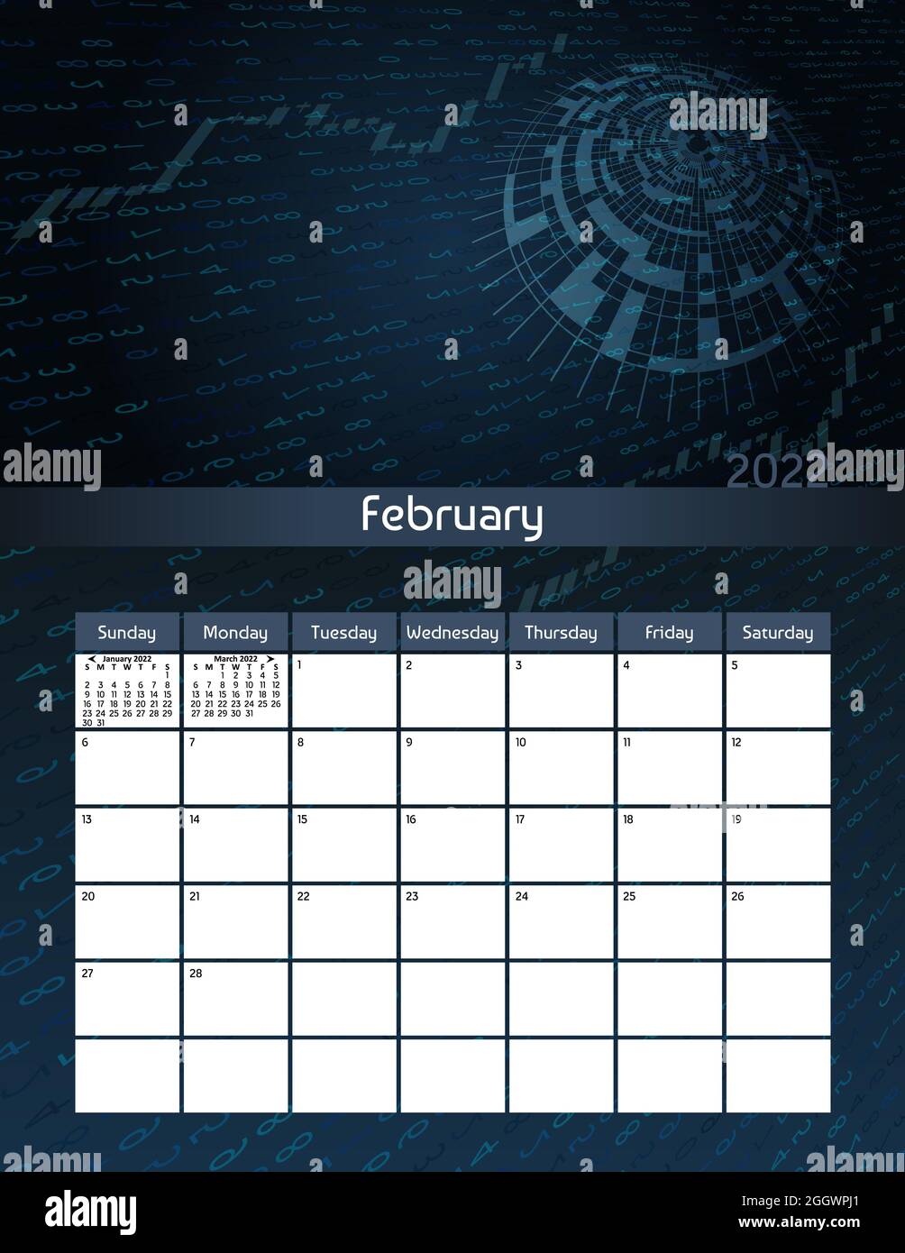 Us letter paper size vector futuristic monthly planner calendar February 2022 week starts on Sunday. Vertical technology organizer, habit tracker. Col Stock Photo