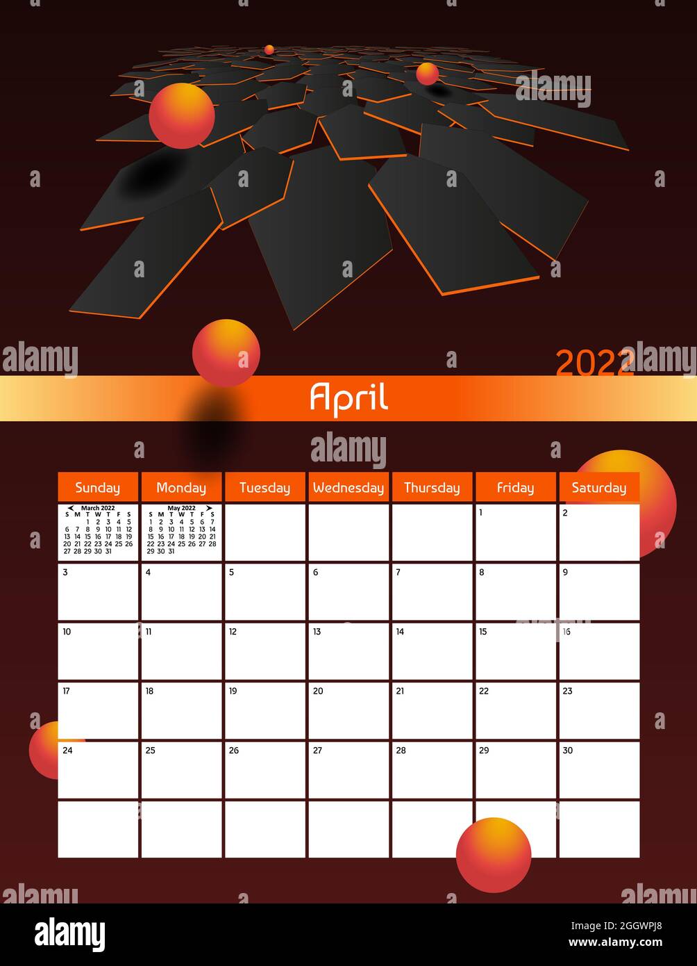 Us letter paper size vector futuristic monthly planner calendar April 2022 week starts on Sunday. Vertical polygonal organizer, habit tracker. Colorfu Stock Photo