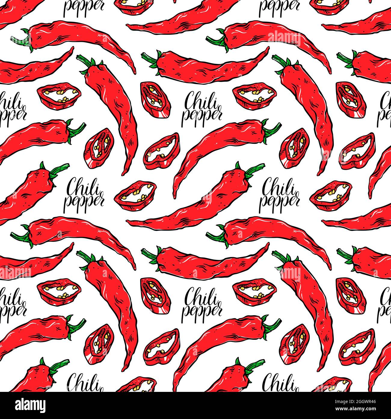 cute seamless background of different chili peppers. hand-drawn ...