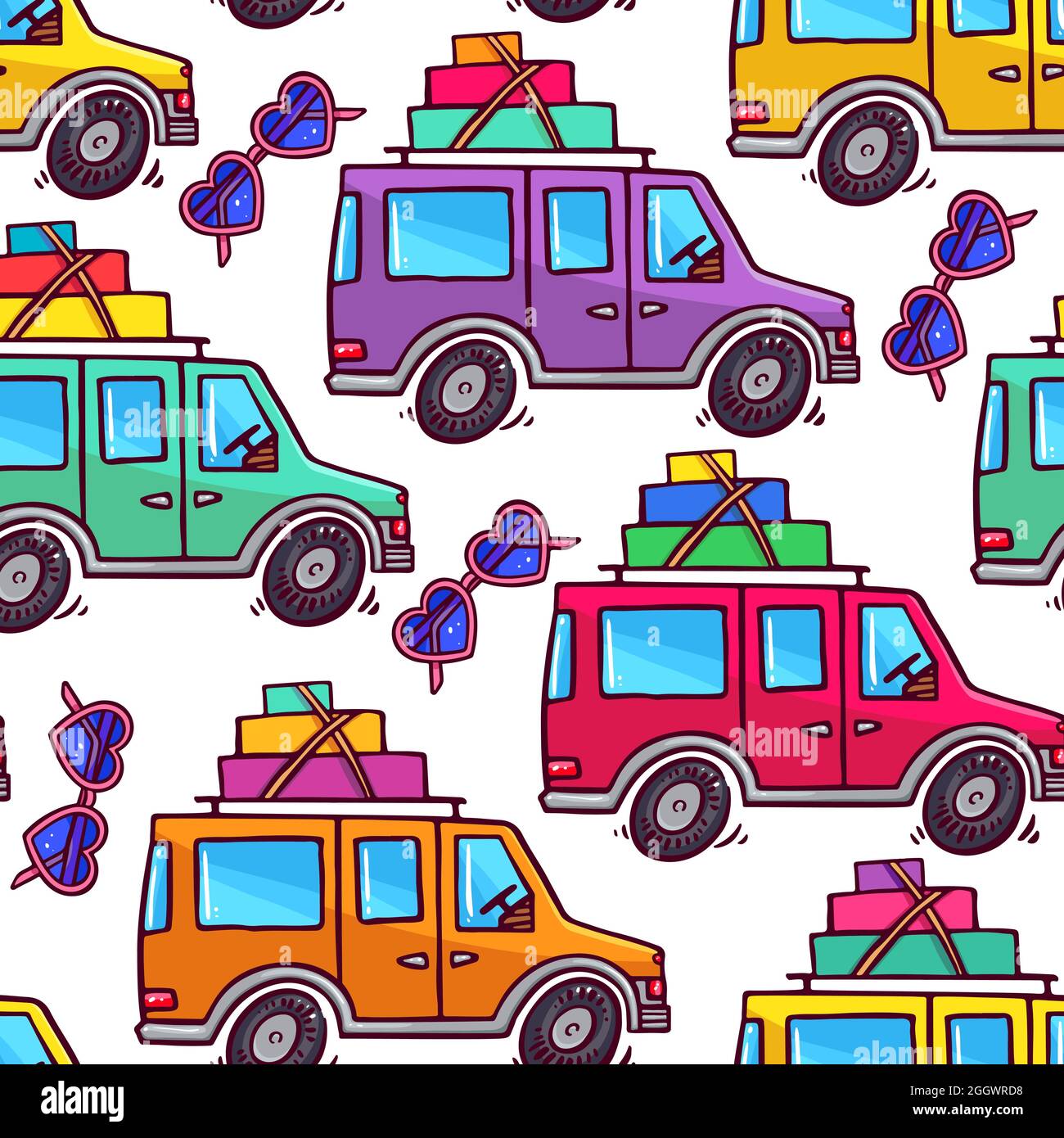 Traveling by car. cute seamless pattern of multi-colored cars and heart sunglasses. hand-drawn illustration Stock Vector