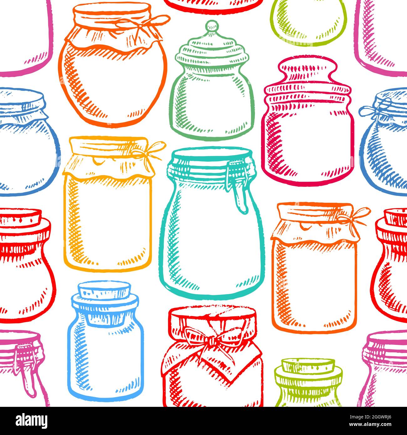 seamless hand-drawn mason jars with colorful contents - 2 Stock Vector