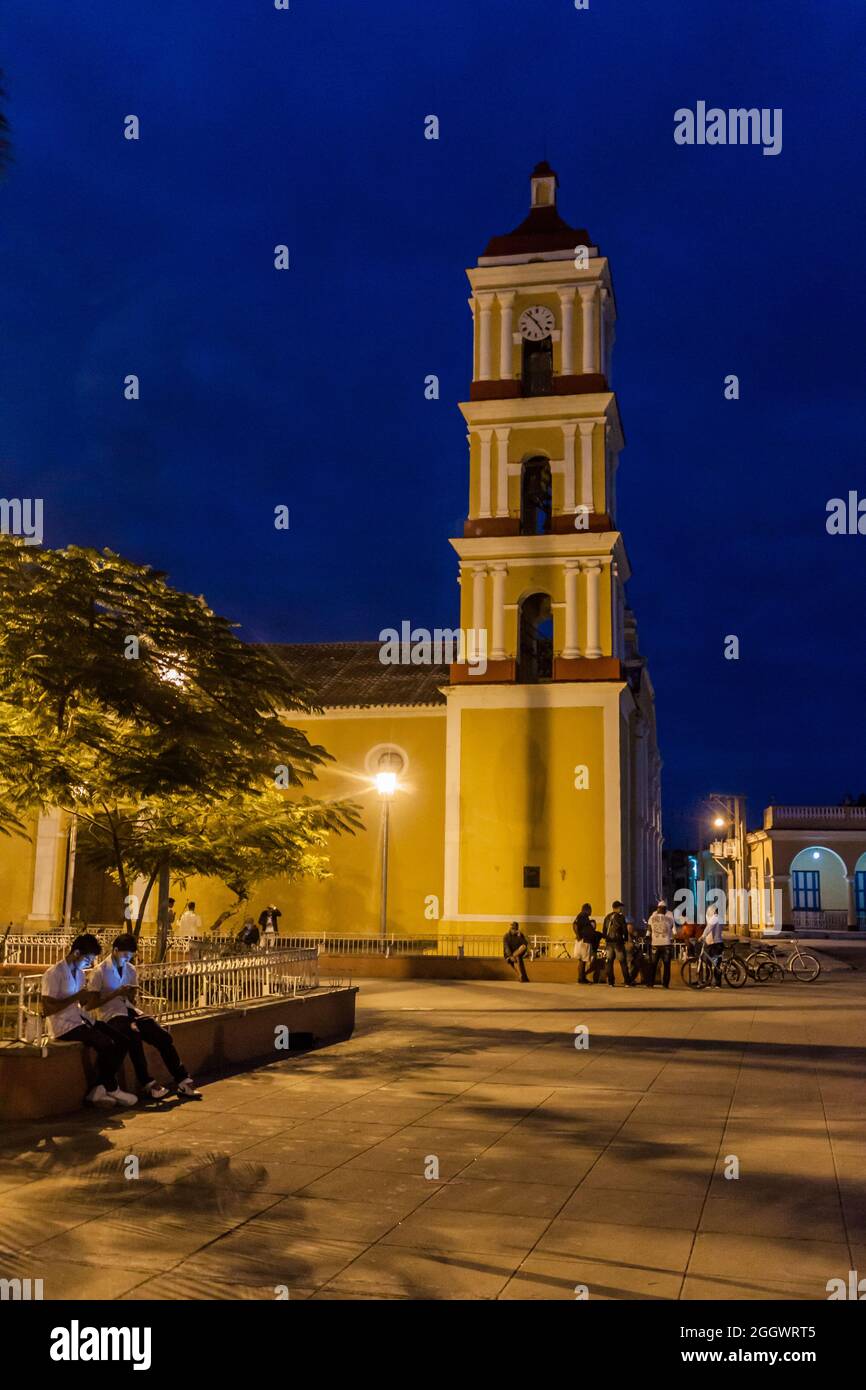 REMEDIOS, CUBA - FEB 12, 2016: Night view of San Juan Bautista church in Remedios, Cuba Stock Photo