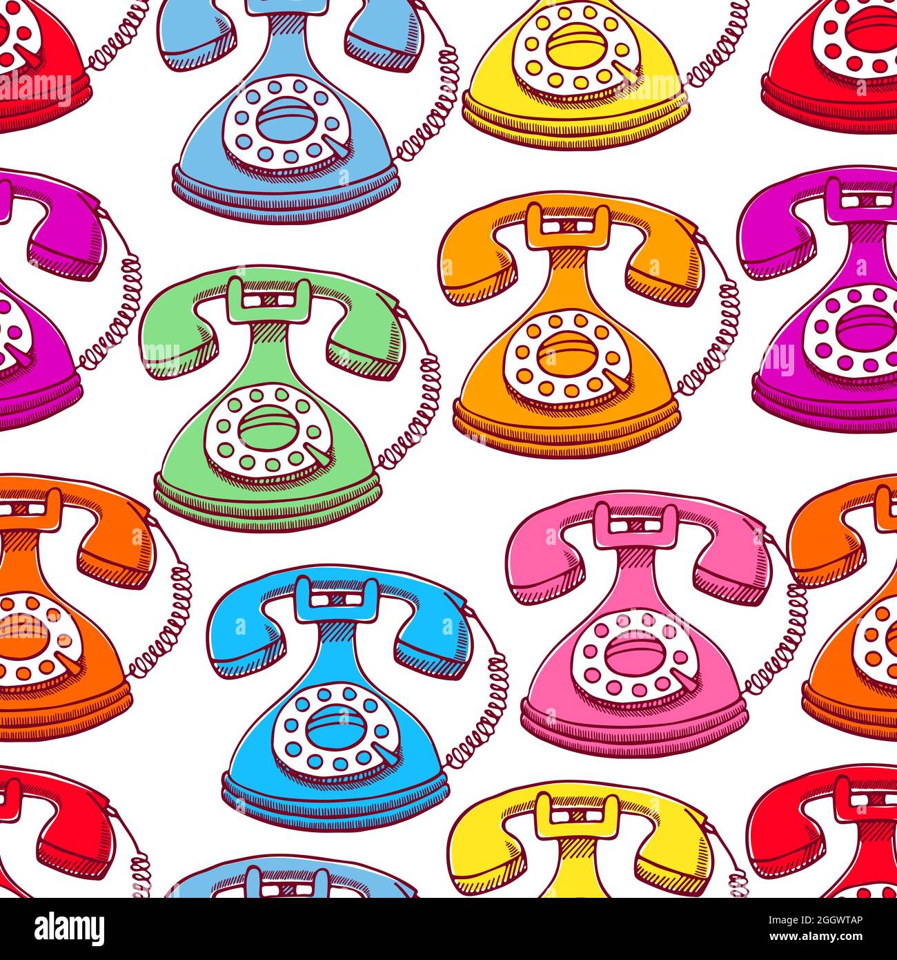 cute seamless background of colored vintage phones. hand-drawn illustration Stock Vector