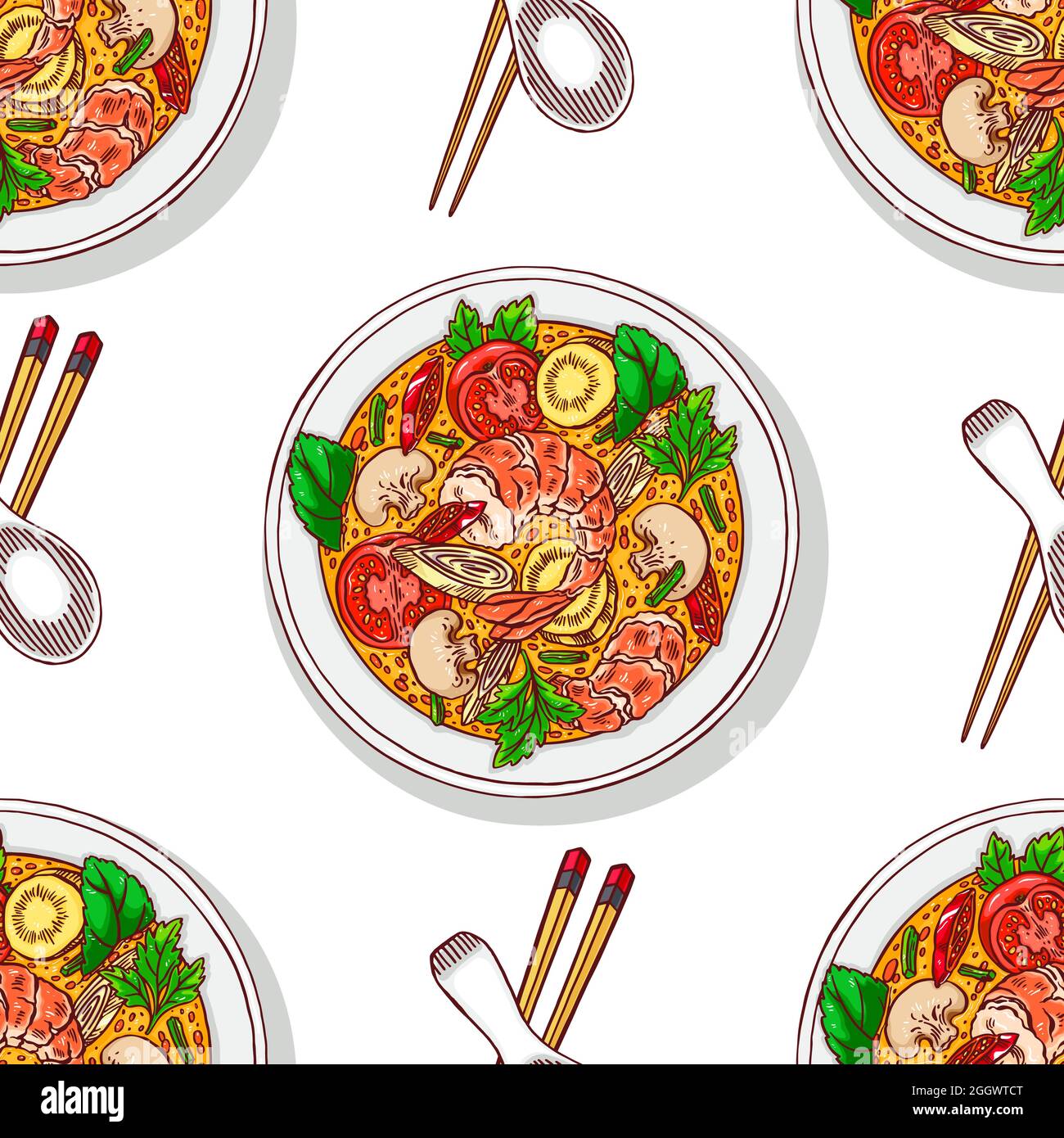 Asian food. tom yum kung. seamless background of appetizing traditional Thai soup with shrimps. Hand-drawn illustration Stock Vector