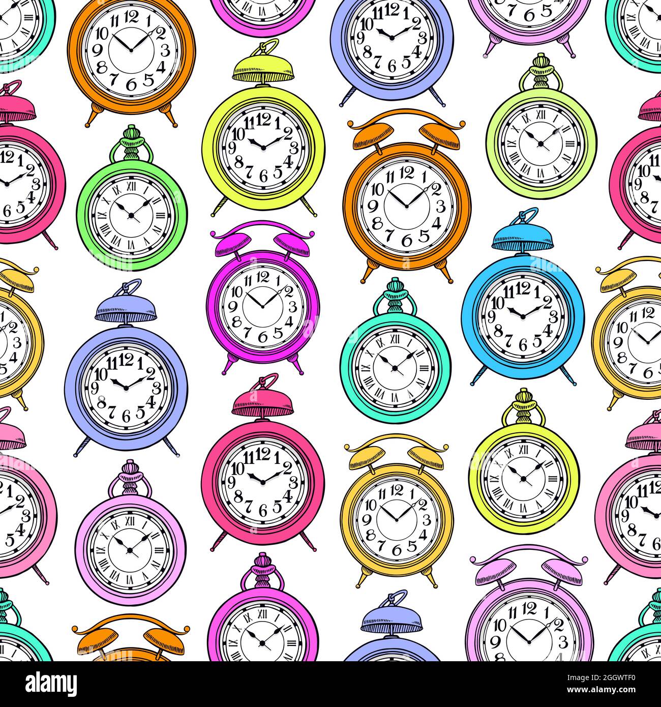 cute seamless background of varicoloured vintage clock. hand-drawn illustration Stock Vector