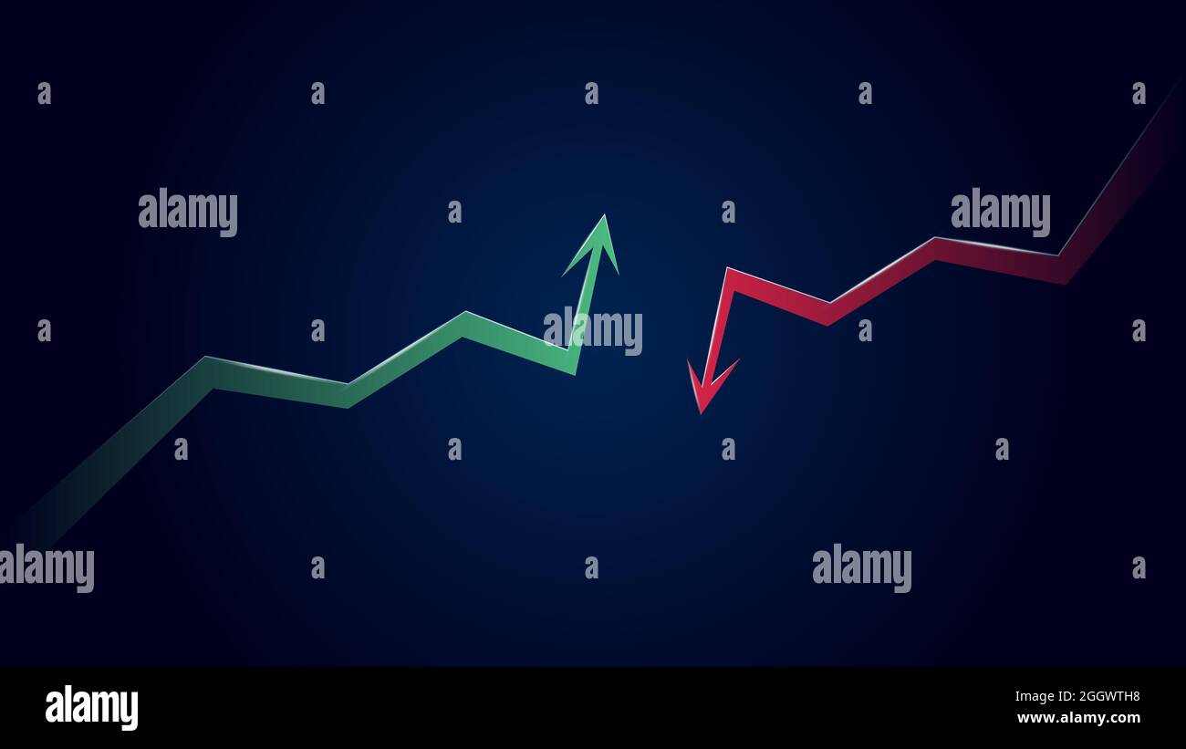 Green bullish and red bearish trend arrows opposite each other on dark ...