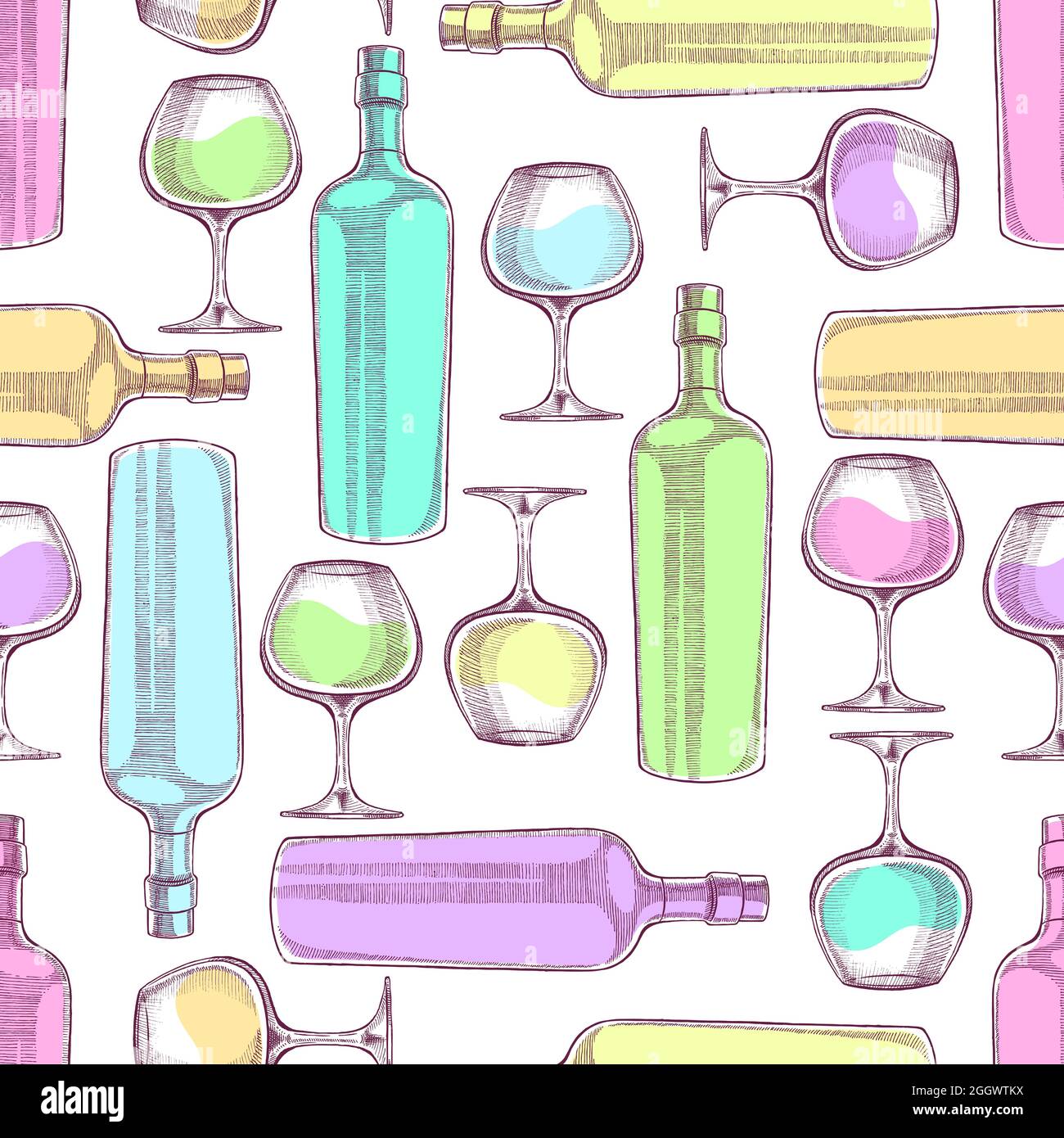 Beautiful seamless background of wine bottles and glasses. Hand-drawn