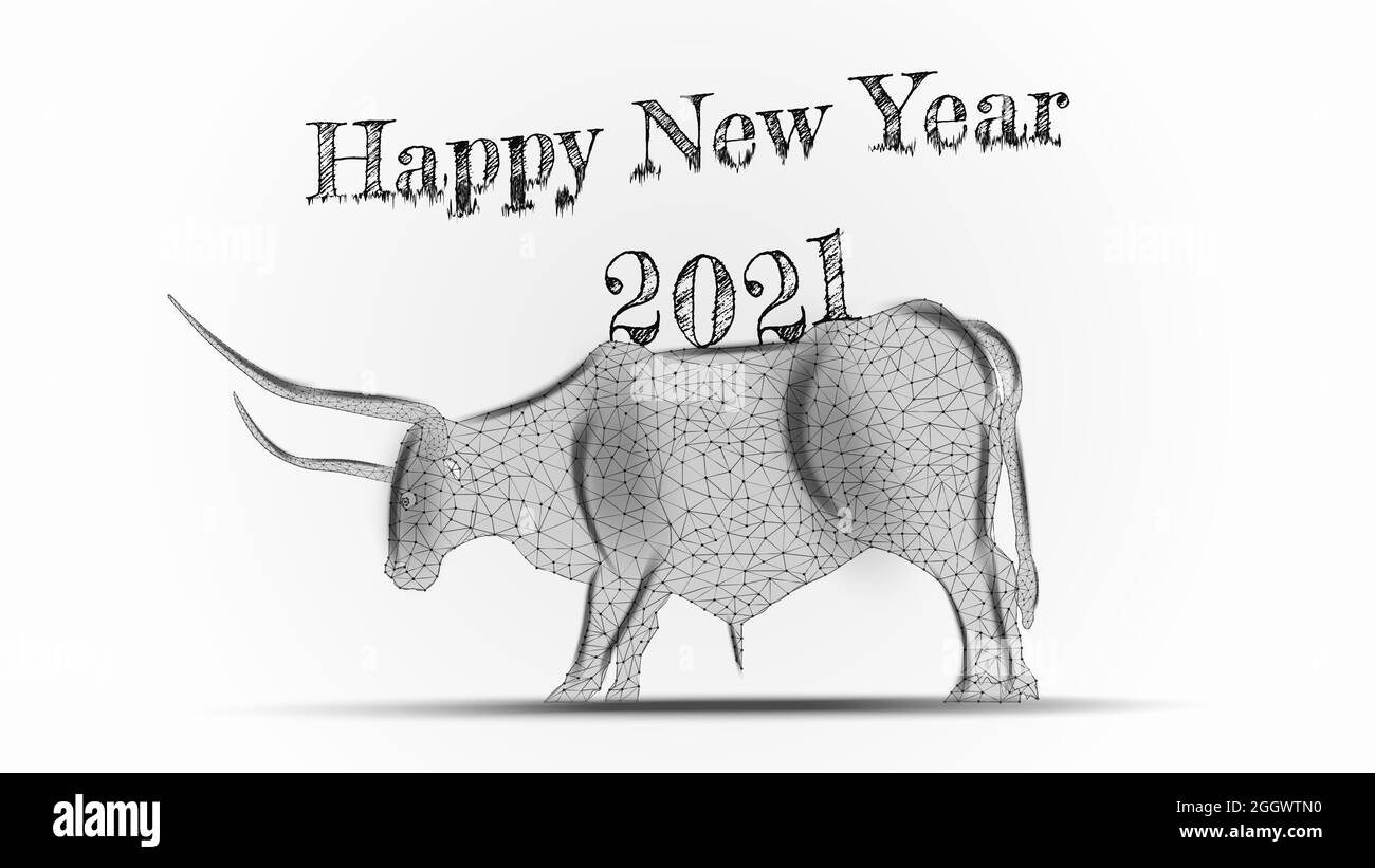 Happy new year 2021 symbol of the year neon polygonal bull on light background. Vector illustration. Stock Photo