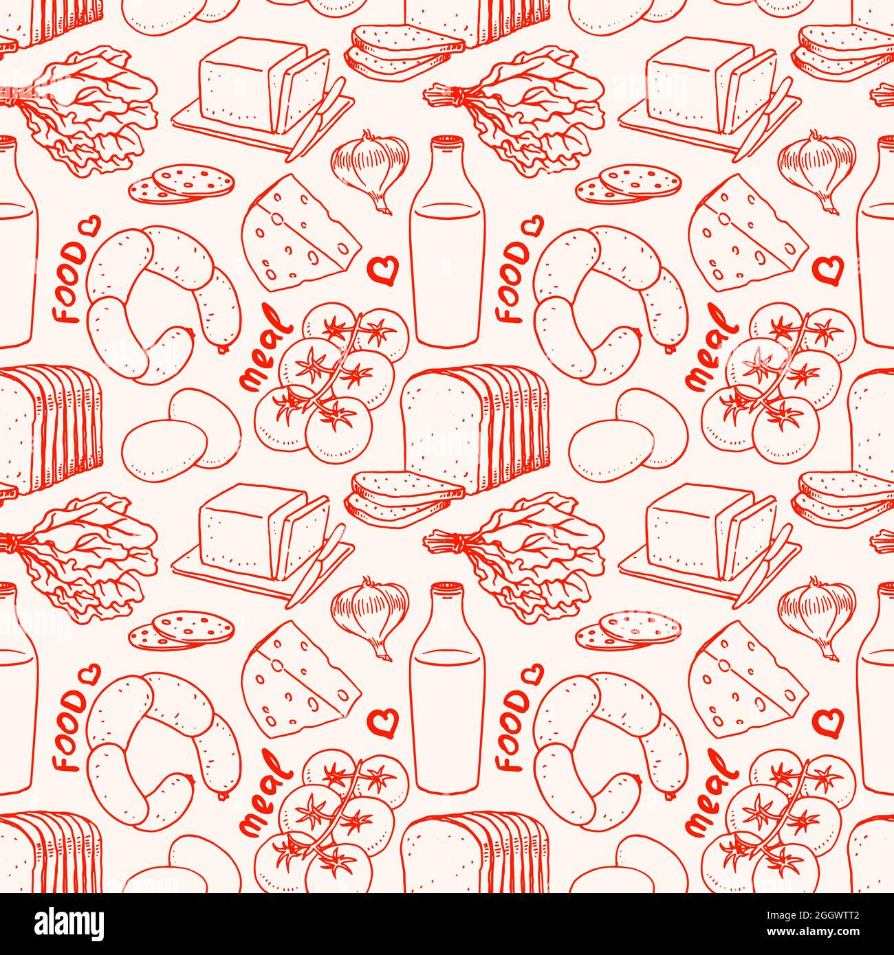 Seamless red and white background with different food Stock Vector ...