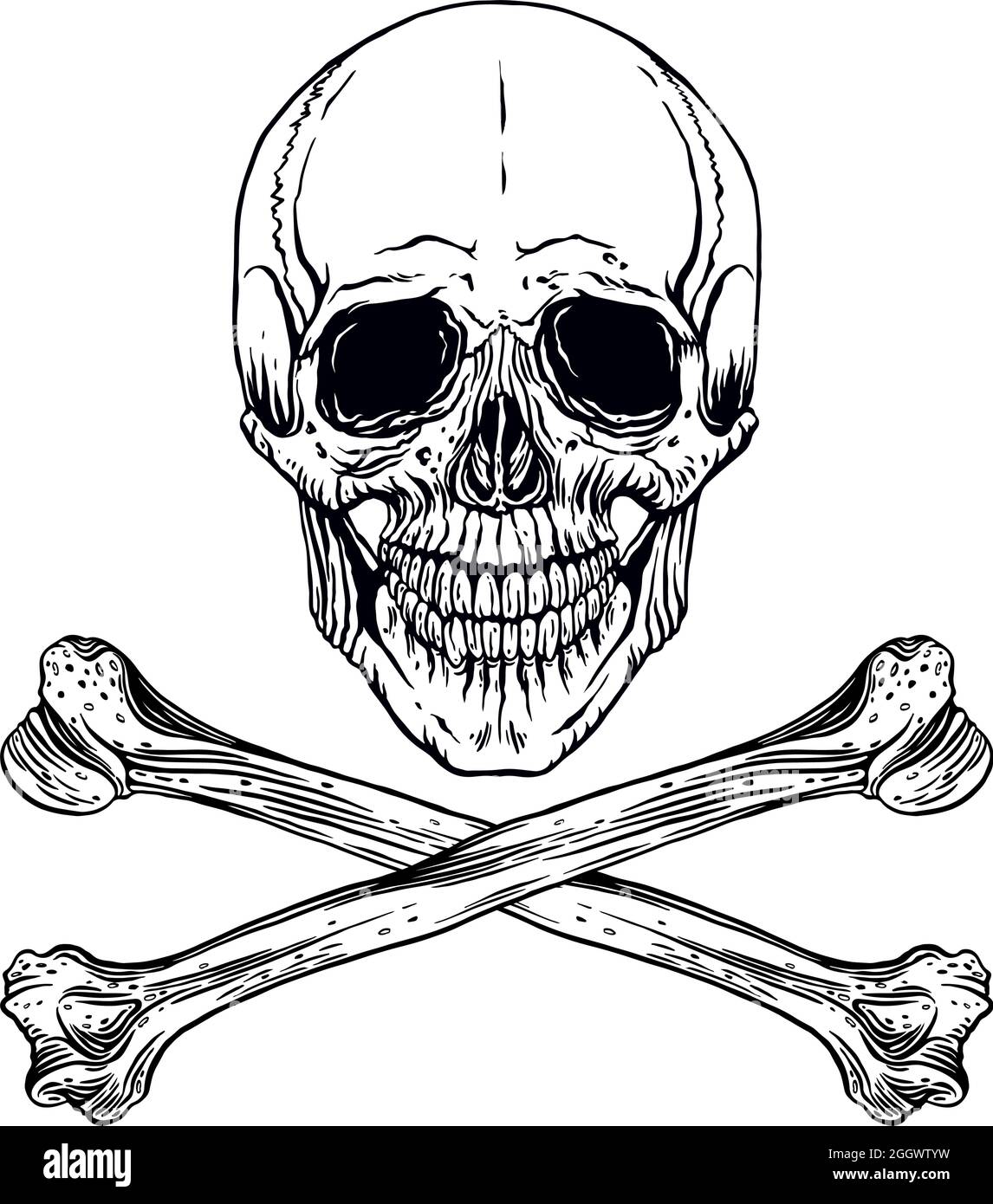 Vector illustration of hand-drawn human skull with crossed bones Stock Vector