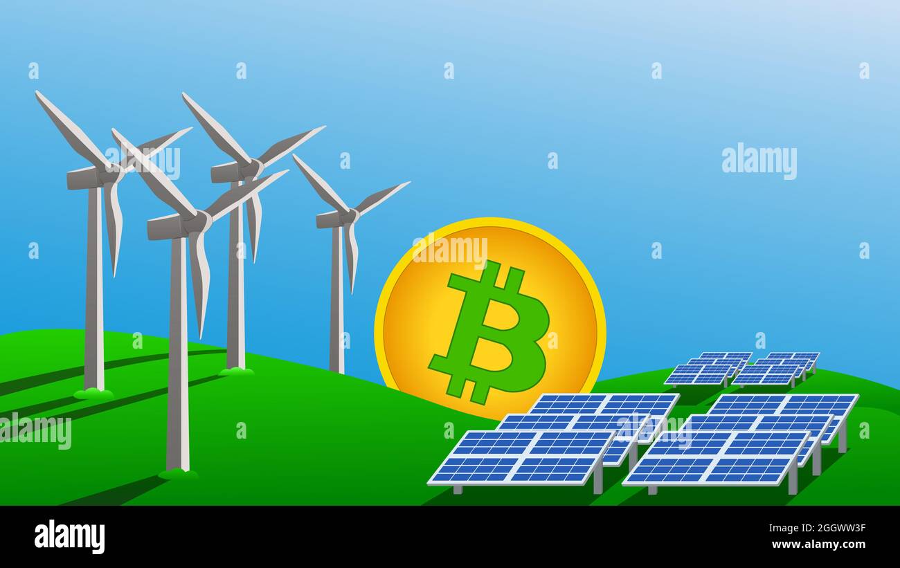 Bitcoin mining concept using green energy to protect environment. Windmills  and solar panels generate electricity stand on green grass. Vector illustr  Stock Photo - Alamy