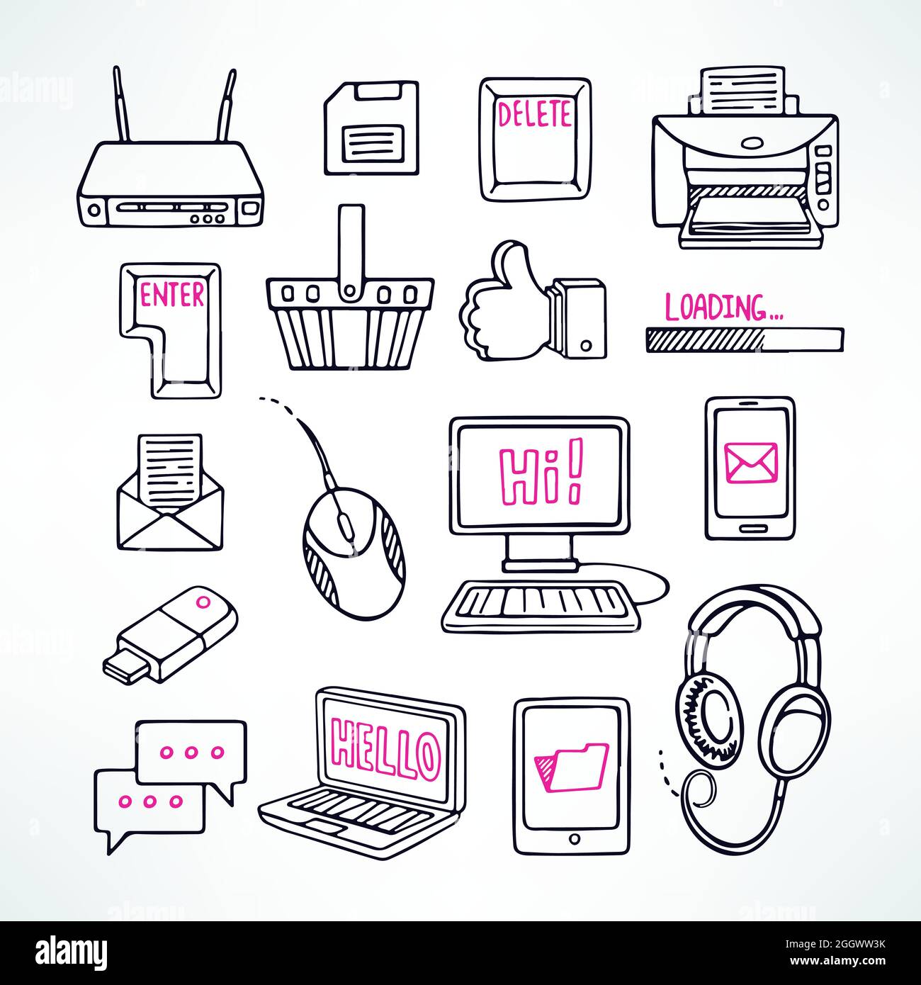 cute set of sketch computer icons on white background. hand-drawn ...