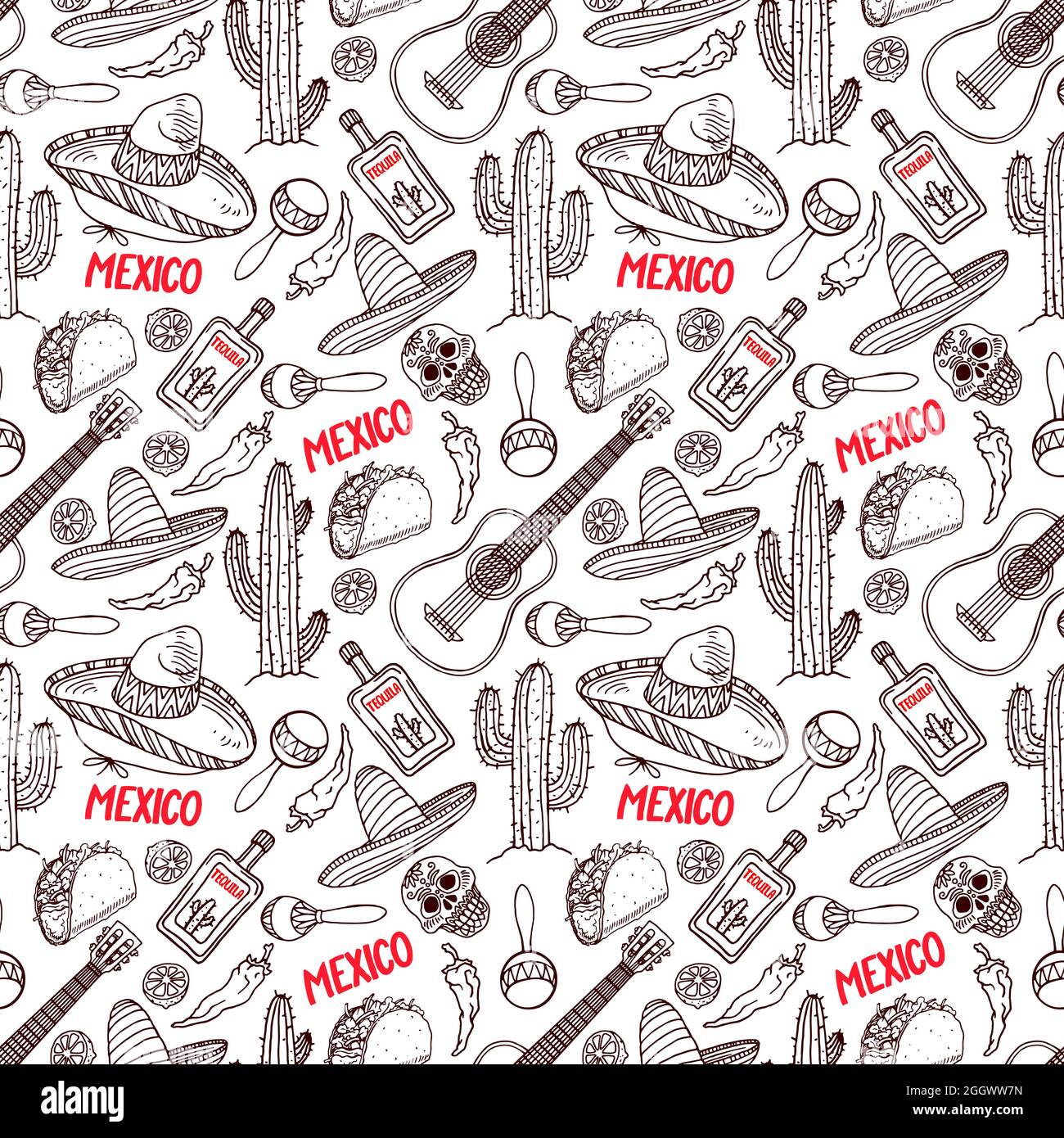 cute seamless background of a different traditional Mexican items. hand-drawn illustration Stock Vector