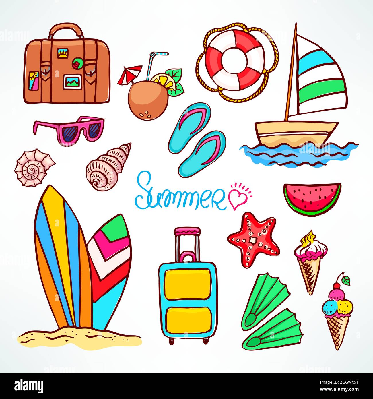 Holiday. Set of summer colorful symbols. Hand drawn illustration Stock ...