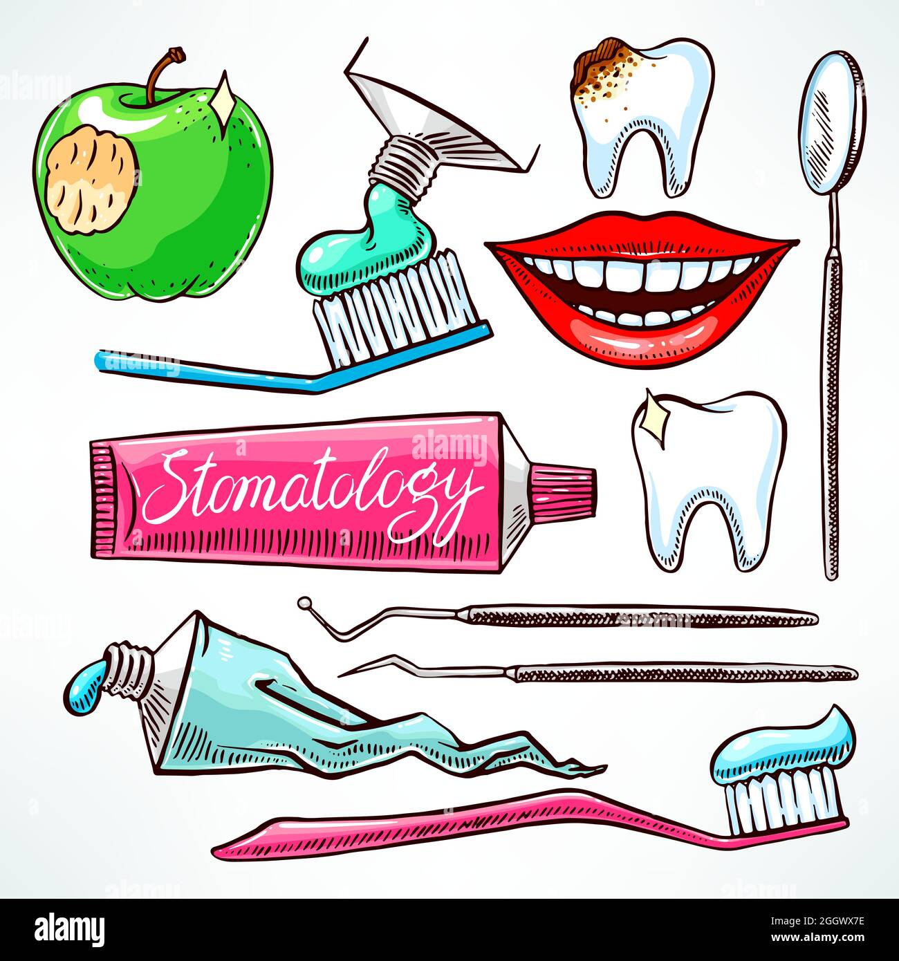 Dentistry. Set with dental tools. handdrawn illustration Stock Vector