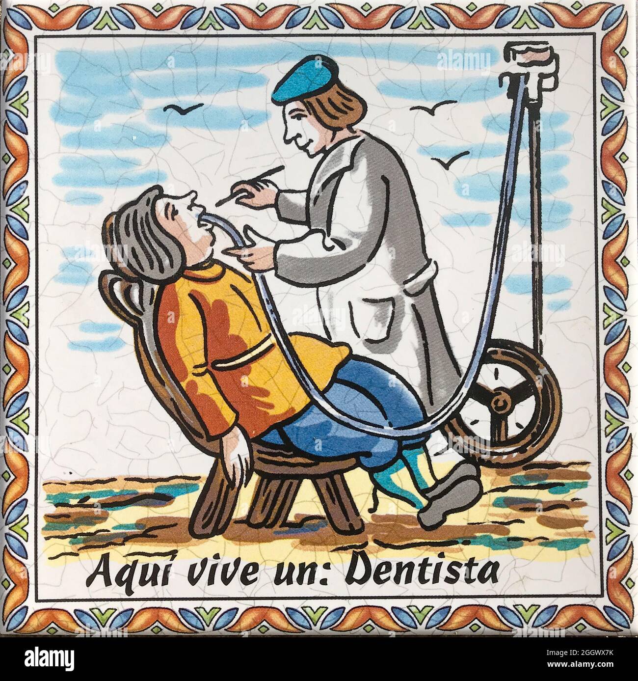decorated tile depicting a dentist of old times. The inscription says