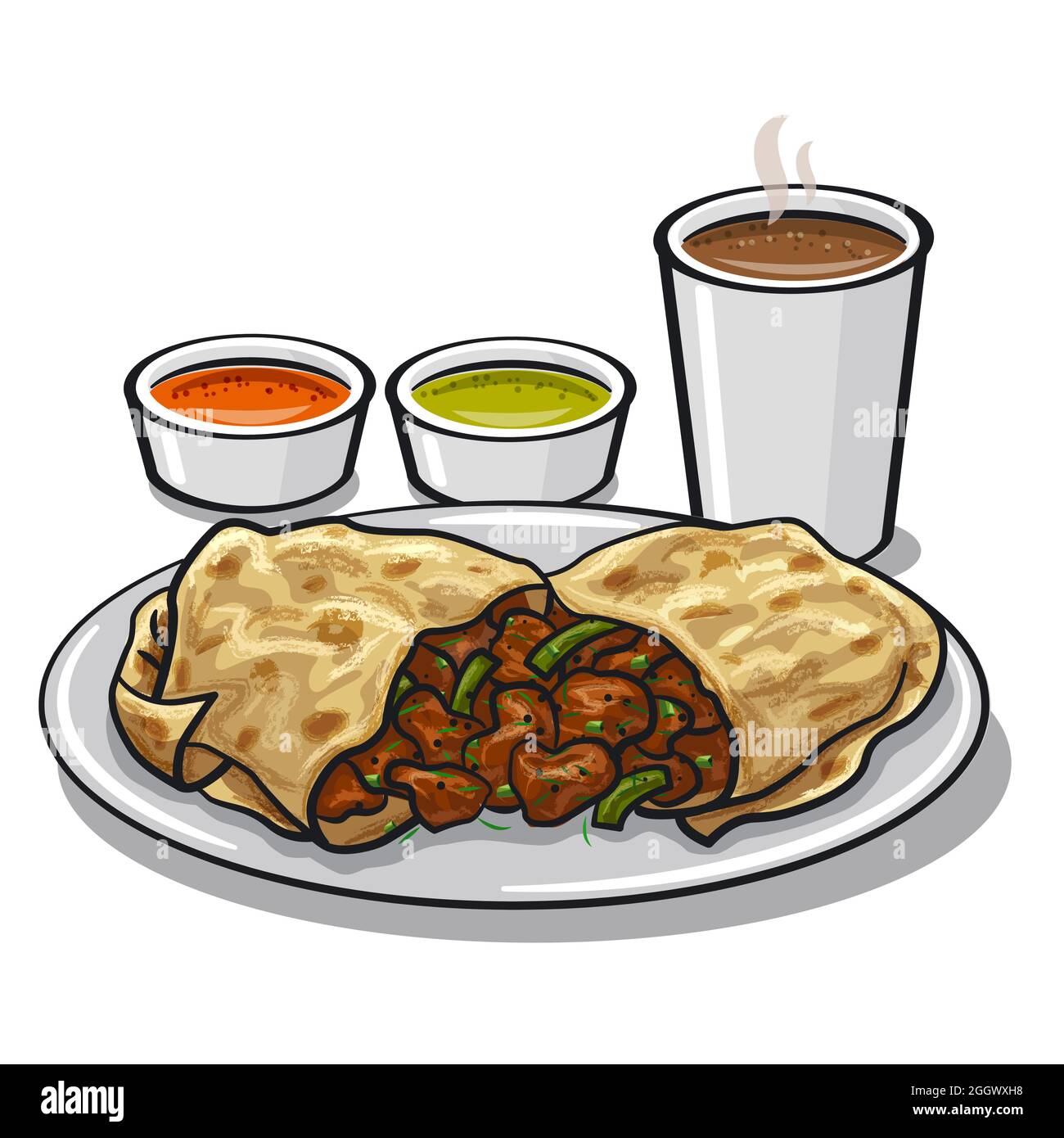 Illustration of the mexican corne asado burito on the plate with sauces  and coffee Stock Vector