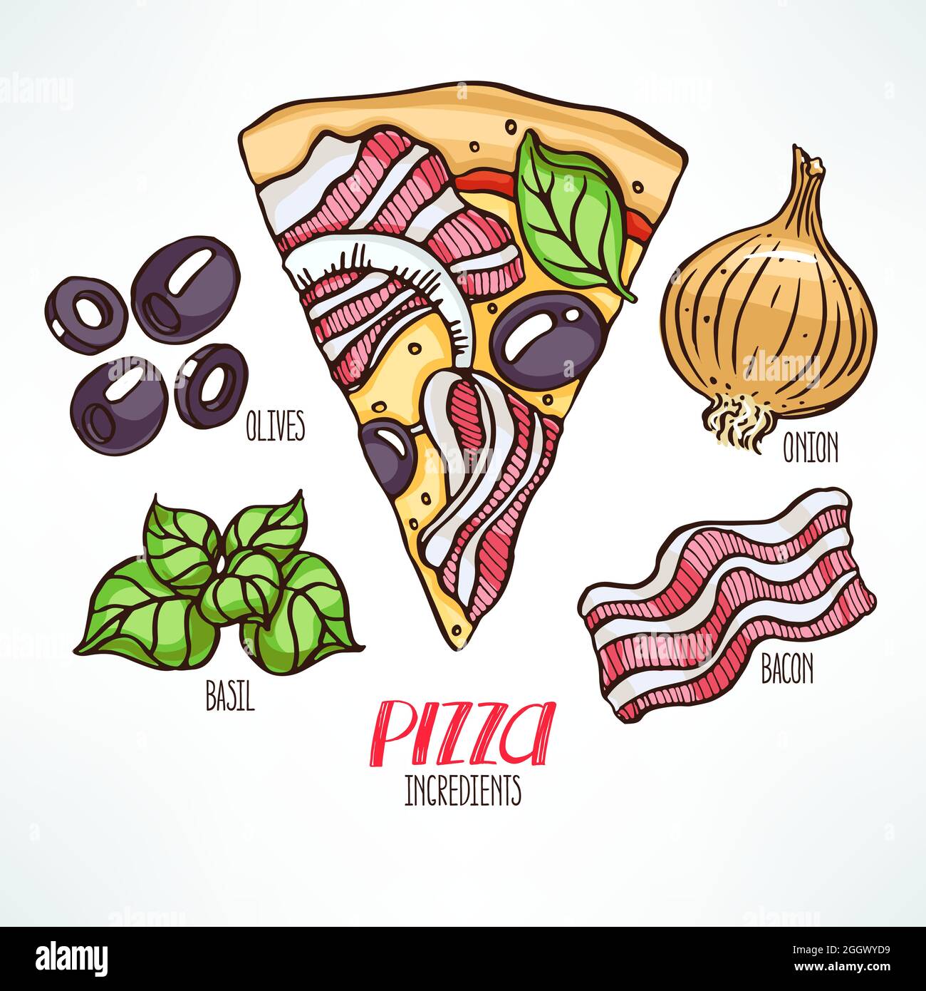 pizza ingredients. piece of pizza with bacon. handdrawn illustration