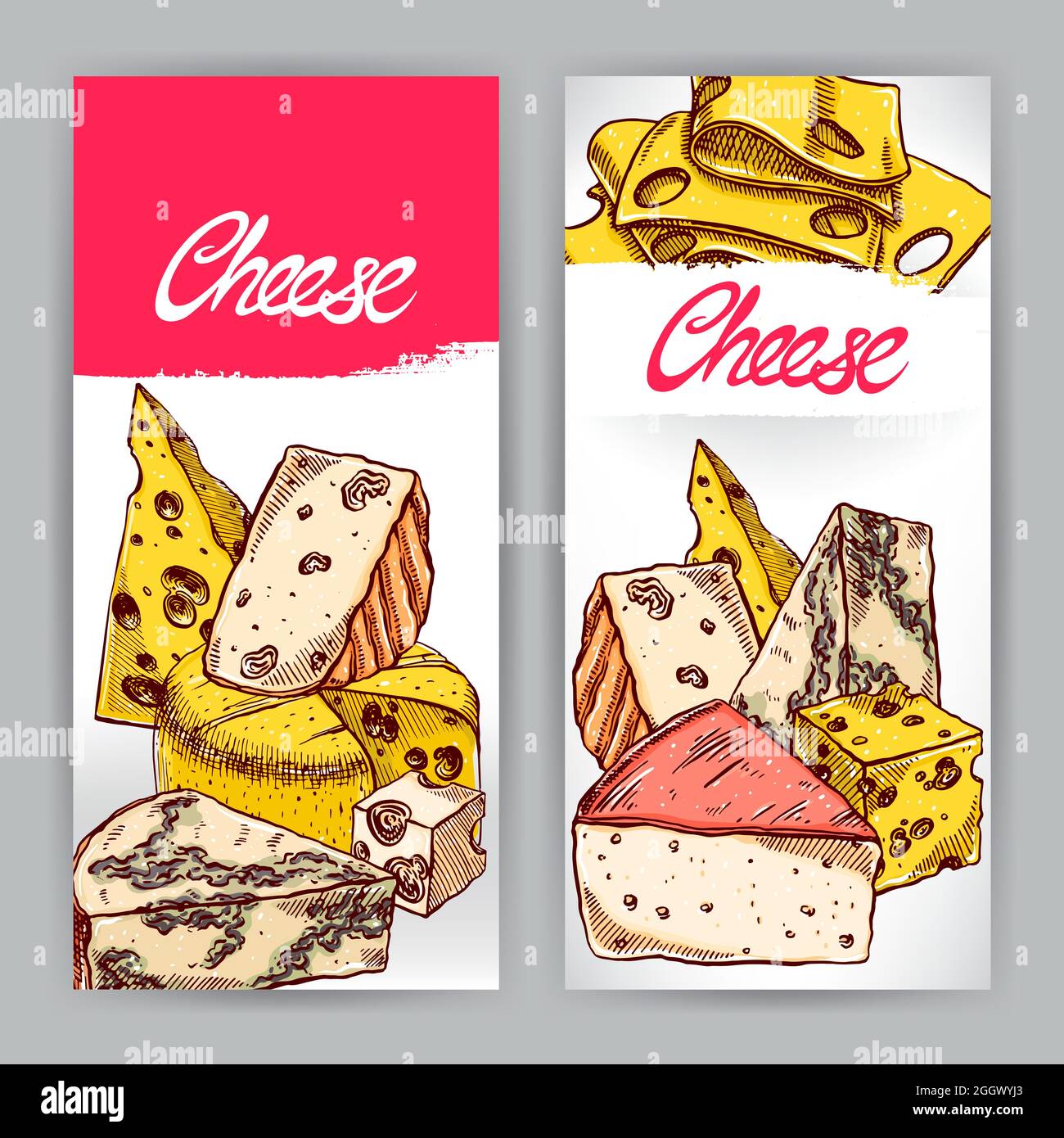 two banners with various appetizing cheeses. hand-drawn illustration Stock Vector