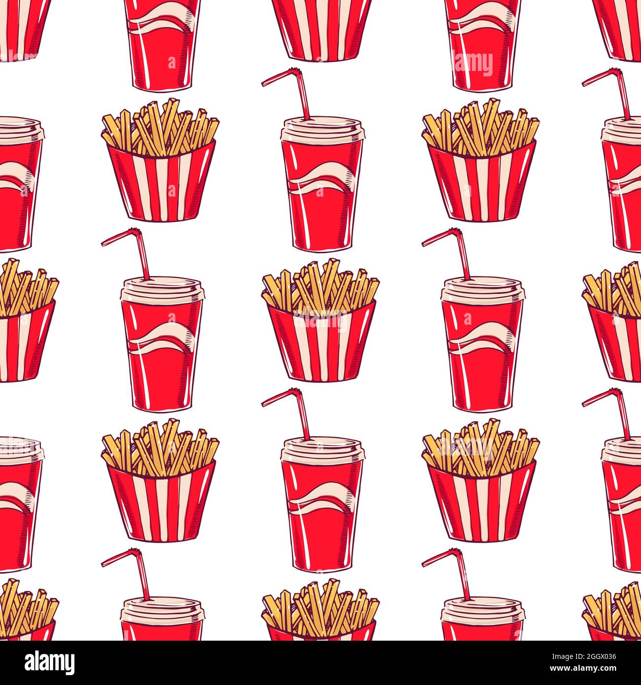 seamless background with appetizing fried potatoes and drinks Stock Vector