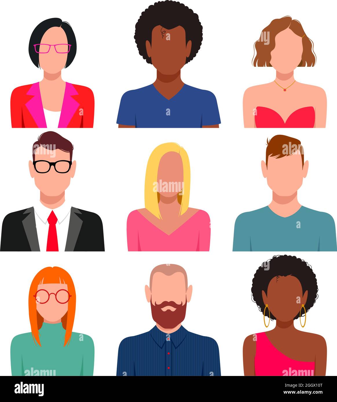 People with blank faces avatar set . Different skin color, hair and clothes Stock Vector