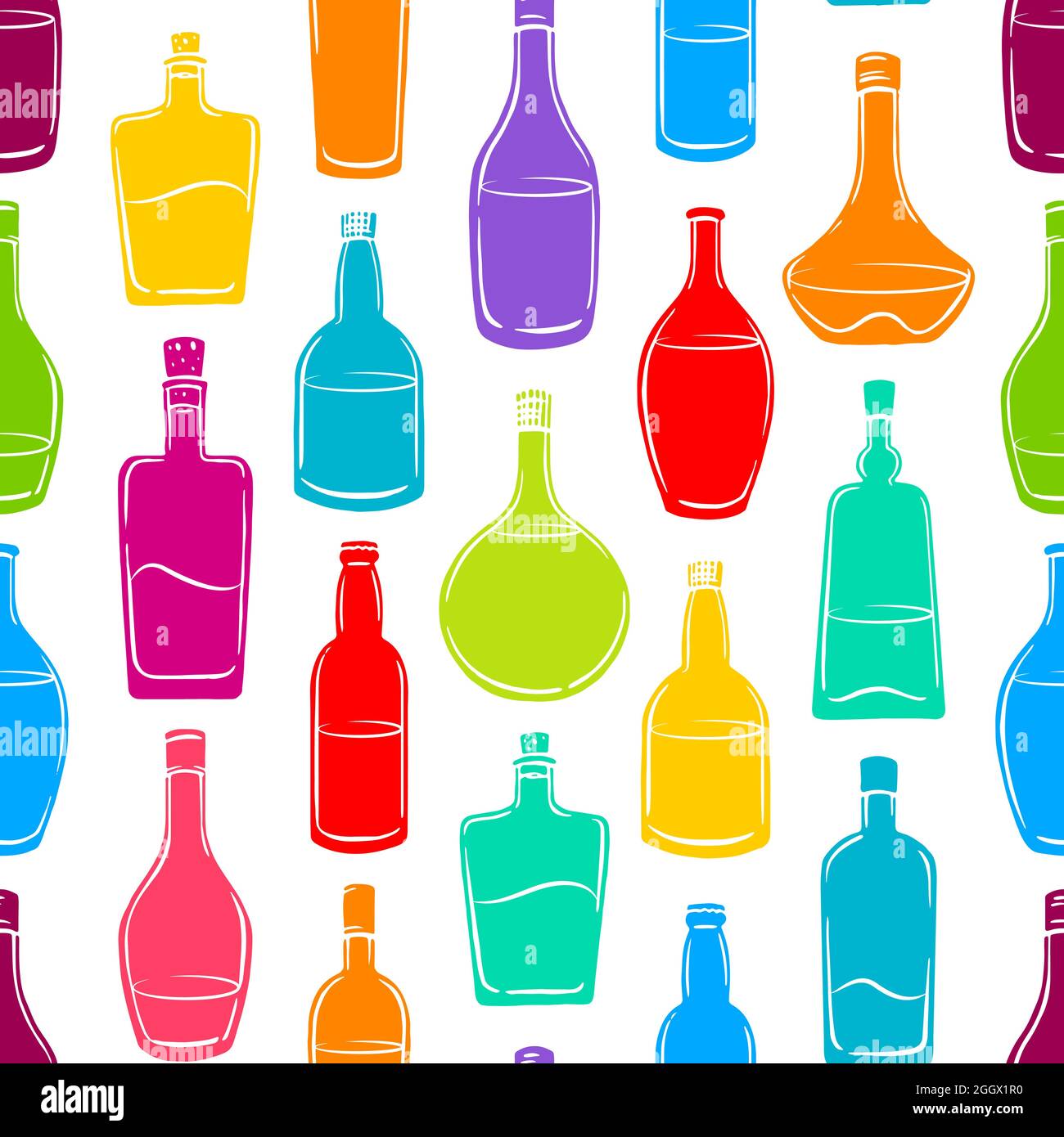 Seamless background with various colored bottles of alcohol. hand-drawn