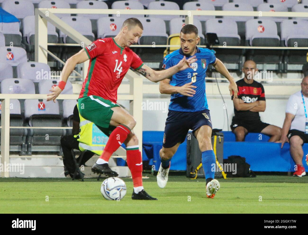 Anton Nedyalkov Of Bulgaria Alessandro Florenzi Of Italy During The Fifa World Cup Qatar 22 Qualifiers Group C Football Match Between Italy And Bulgaria On September 2 22 At Artemio Franchi Stadium