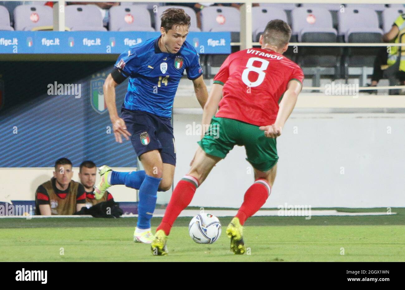 Federico Chiesa Of Italy And Petar Vitanov Of Bulgaria During The Fifa World Cup Qatar 22 Qualifiers Group C Football Match Between Italy And Bulgaria On September 2 22 At Artemio Franchi