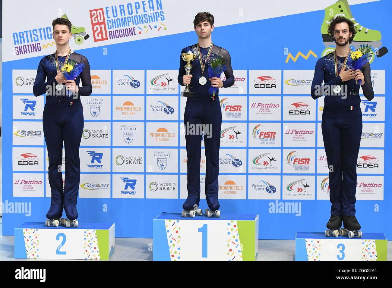 Riccione, Italy. 3rd Sep 2021. FEDERICO TRENTO, Italy, third place, MIRCO  SCHIAVONI, Italy, first place, LUCA INNOCENTI, Italy, second place, during  awards ceremony in Senior Compulsory Figures at the European Artistic Roller