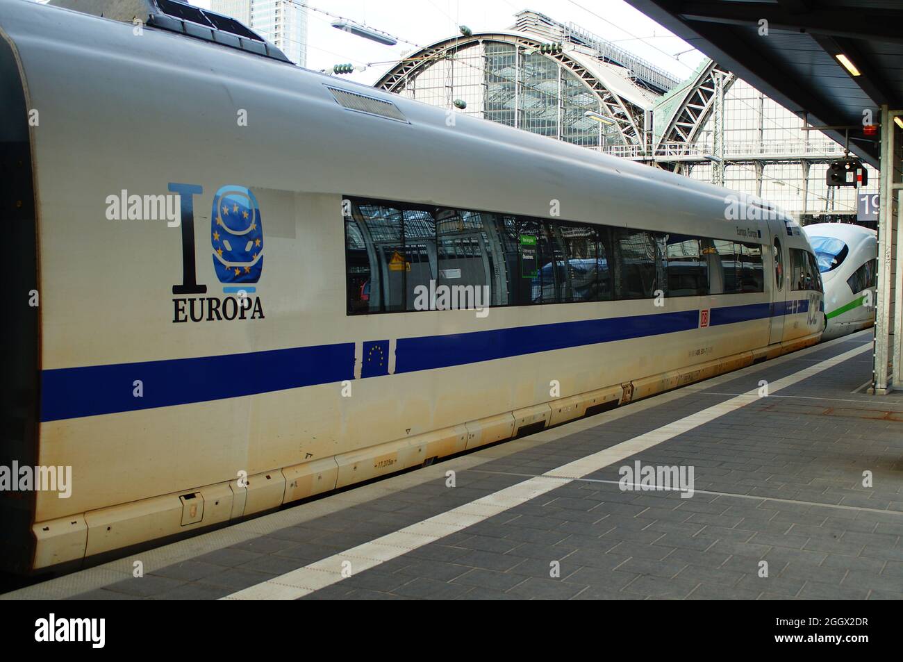 FRANKFURT, GERMANY - Aug 31, 2021: Head of an ICE 3, named 'Europa', in European livery with blue stripe coupled with a classic one in Frankfurt Centr Stock Photo